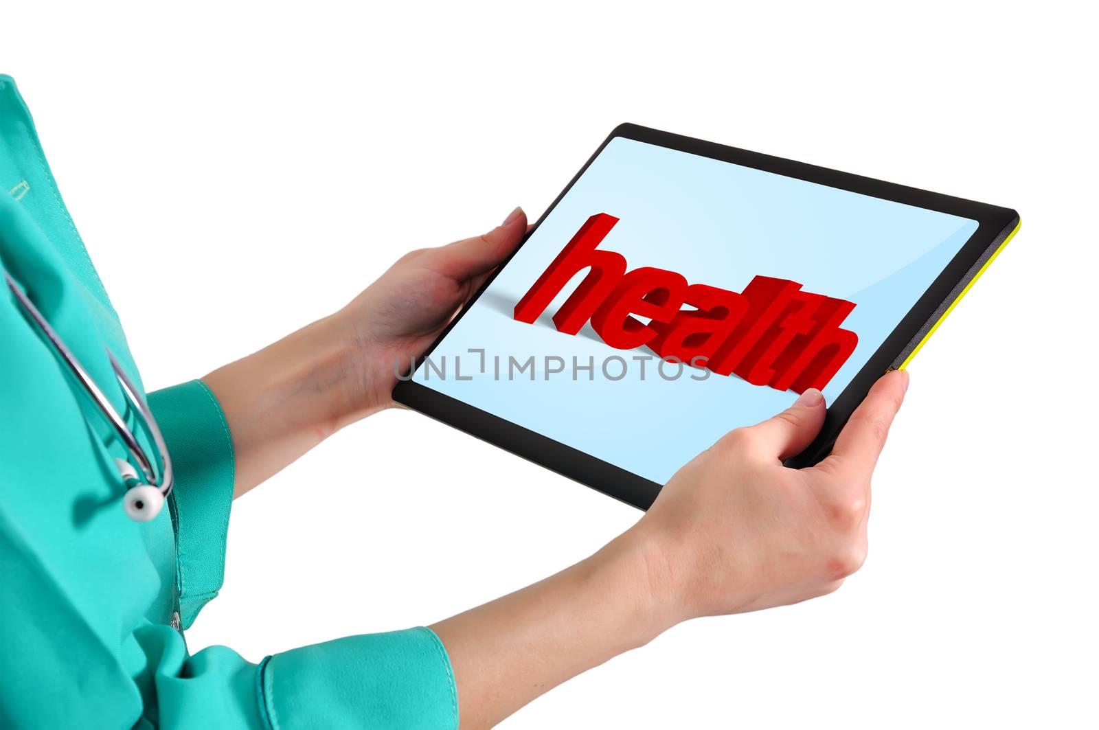 female doctor  holding touchpad with health text