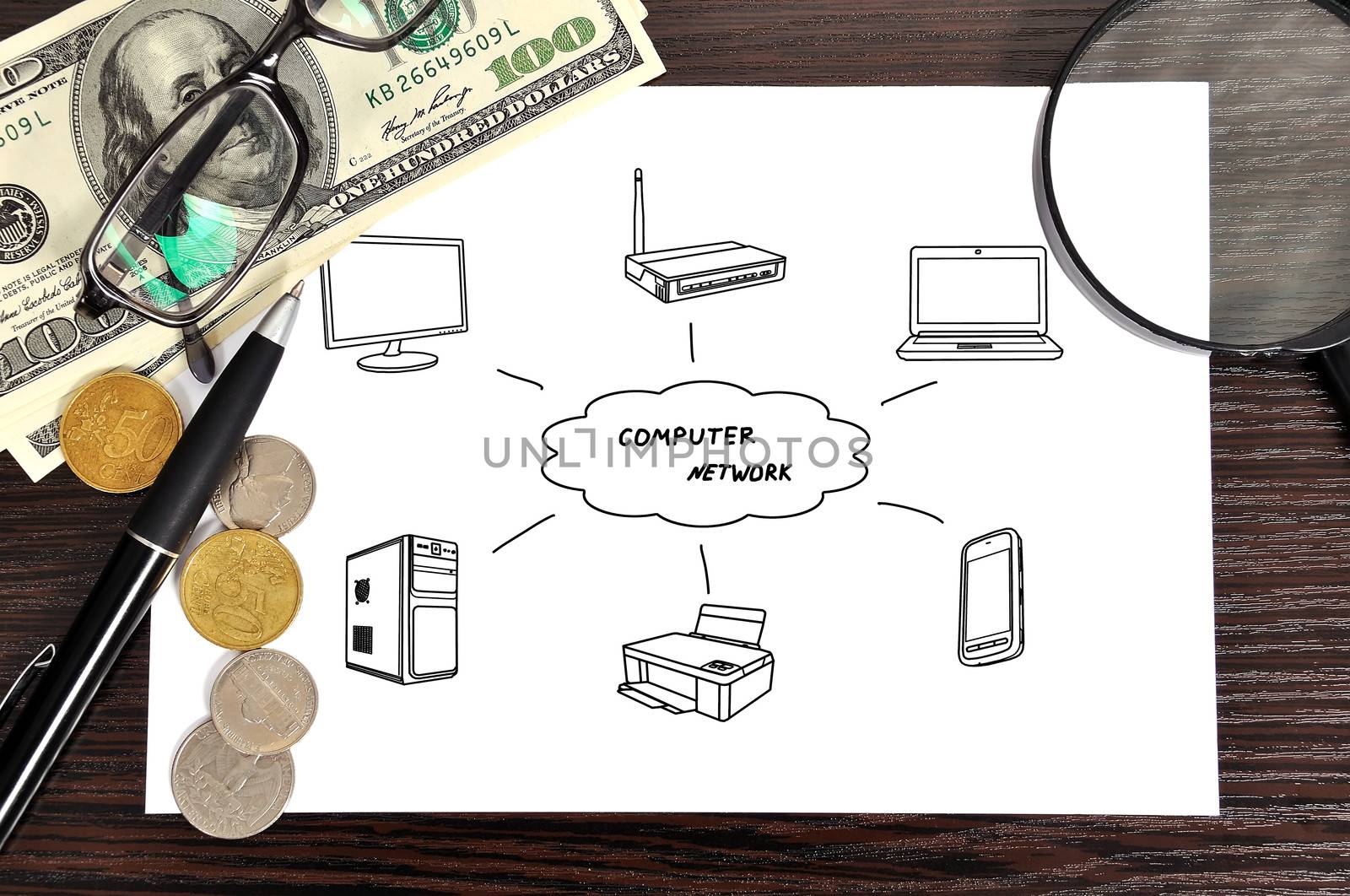 Note wi-fi scheme  on table businessman