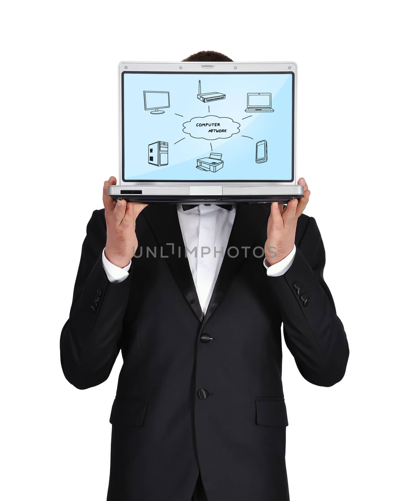 businessman in tuxedo holding notebook with computer network