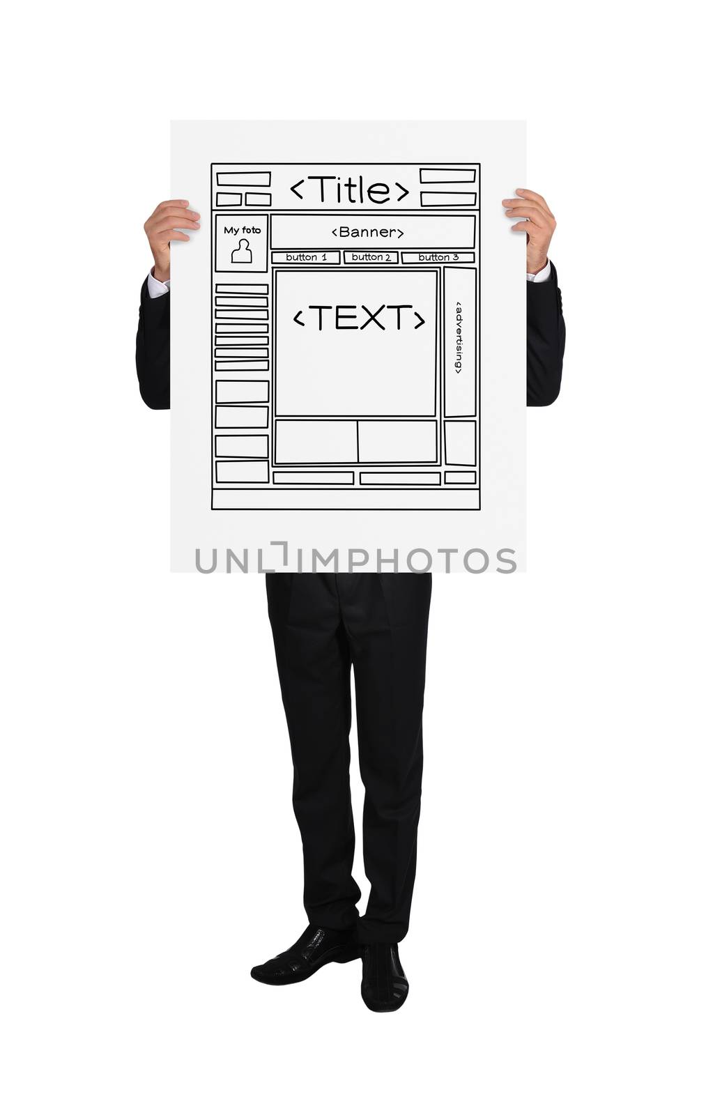 businessman holding a placard with template web page