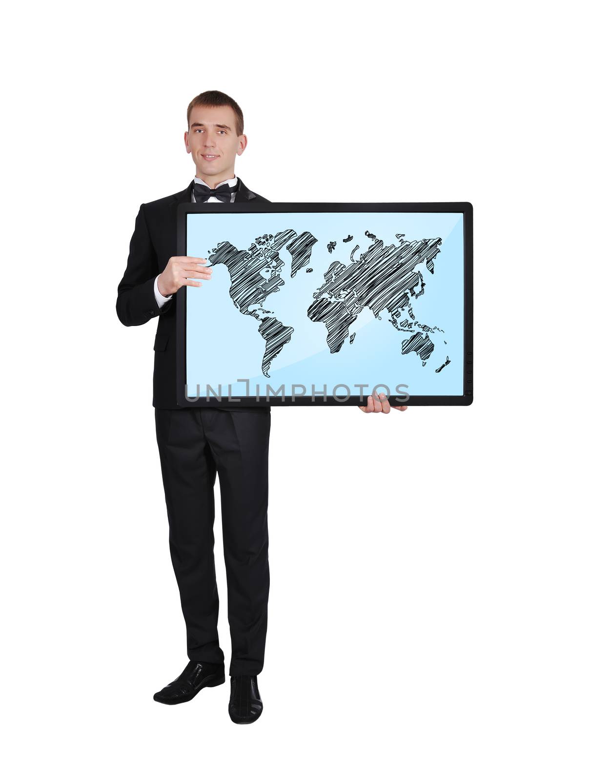 businessman in tuxedo holding tablet with world map