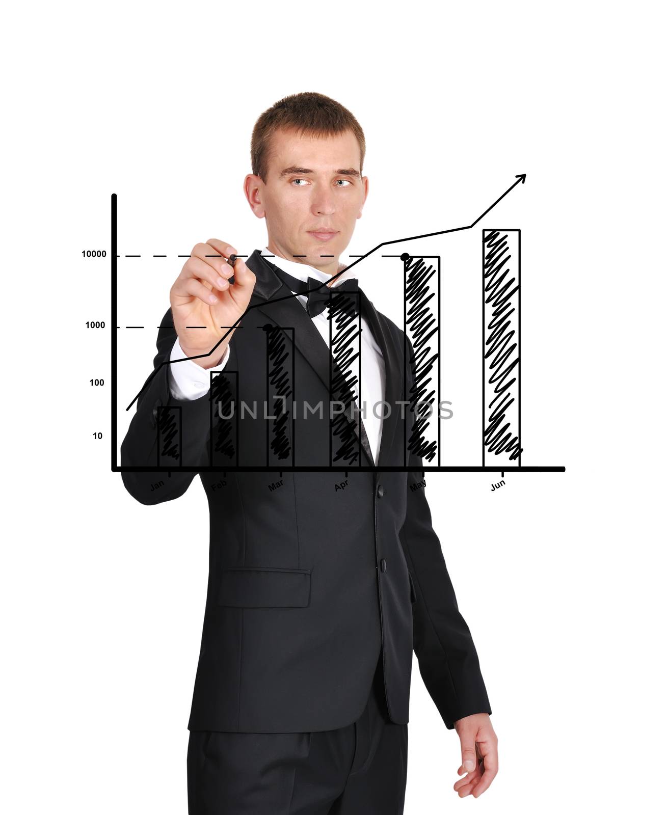 businessman in tuxedo drawing graph of profits