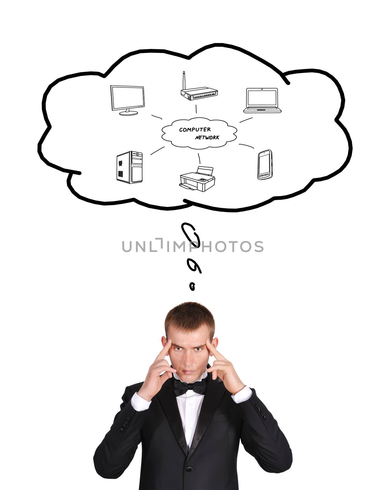 businessman and bubble speech with computer network