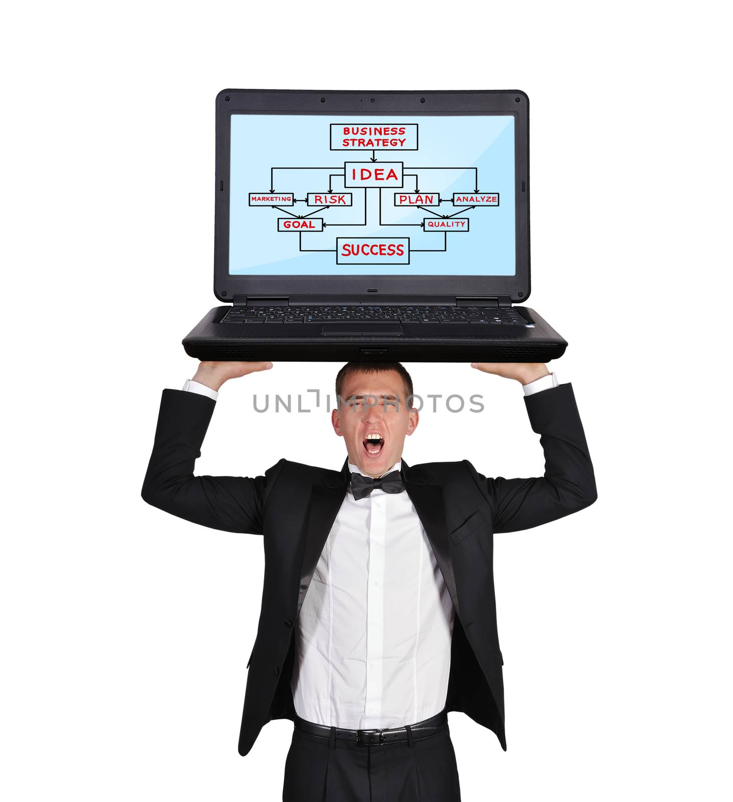 businessman holding a laptop with business strategy