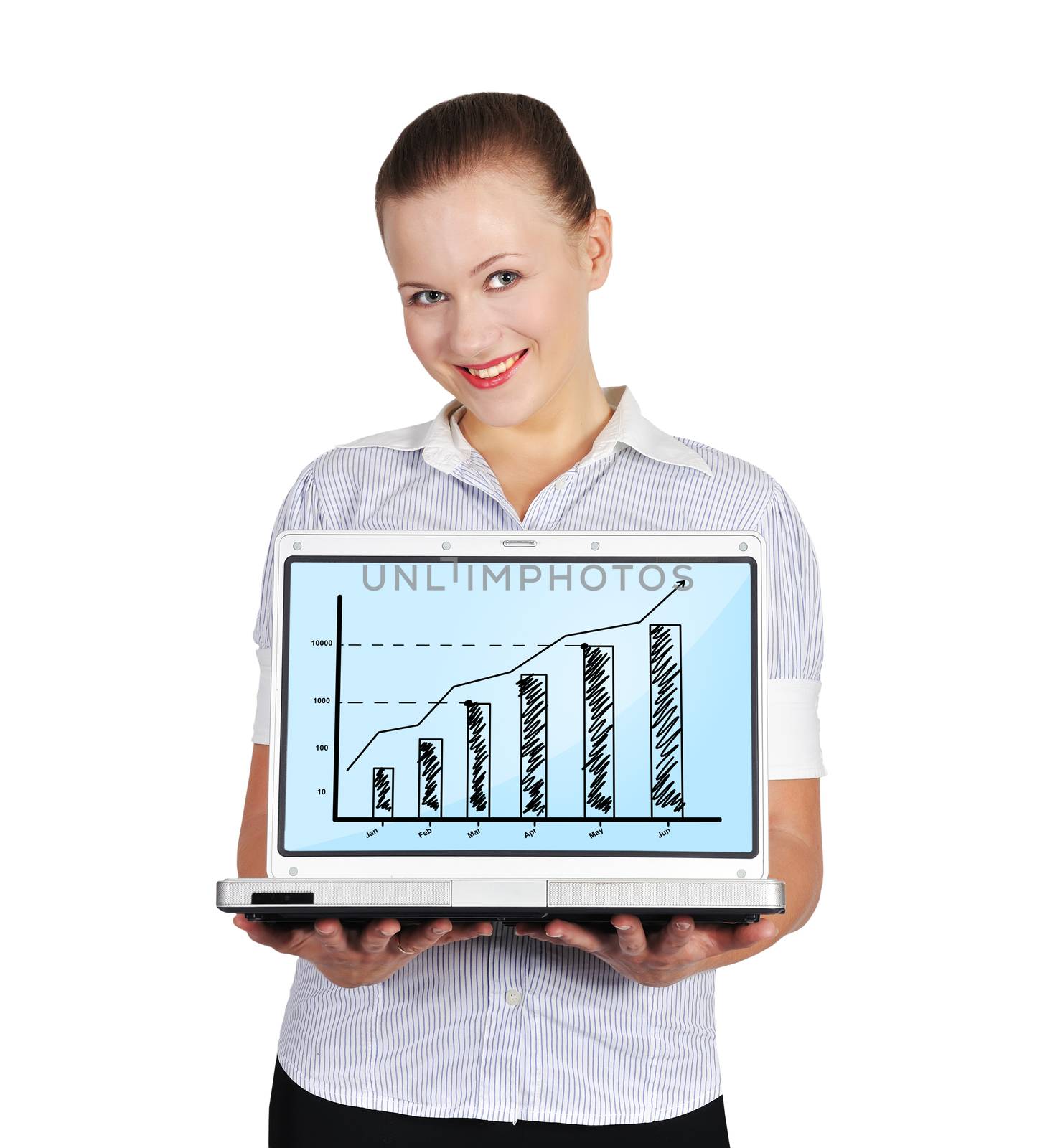 woman holding notebook with chart on a white background