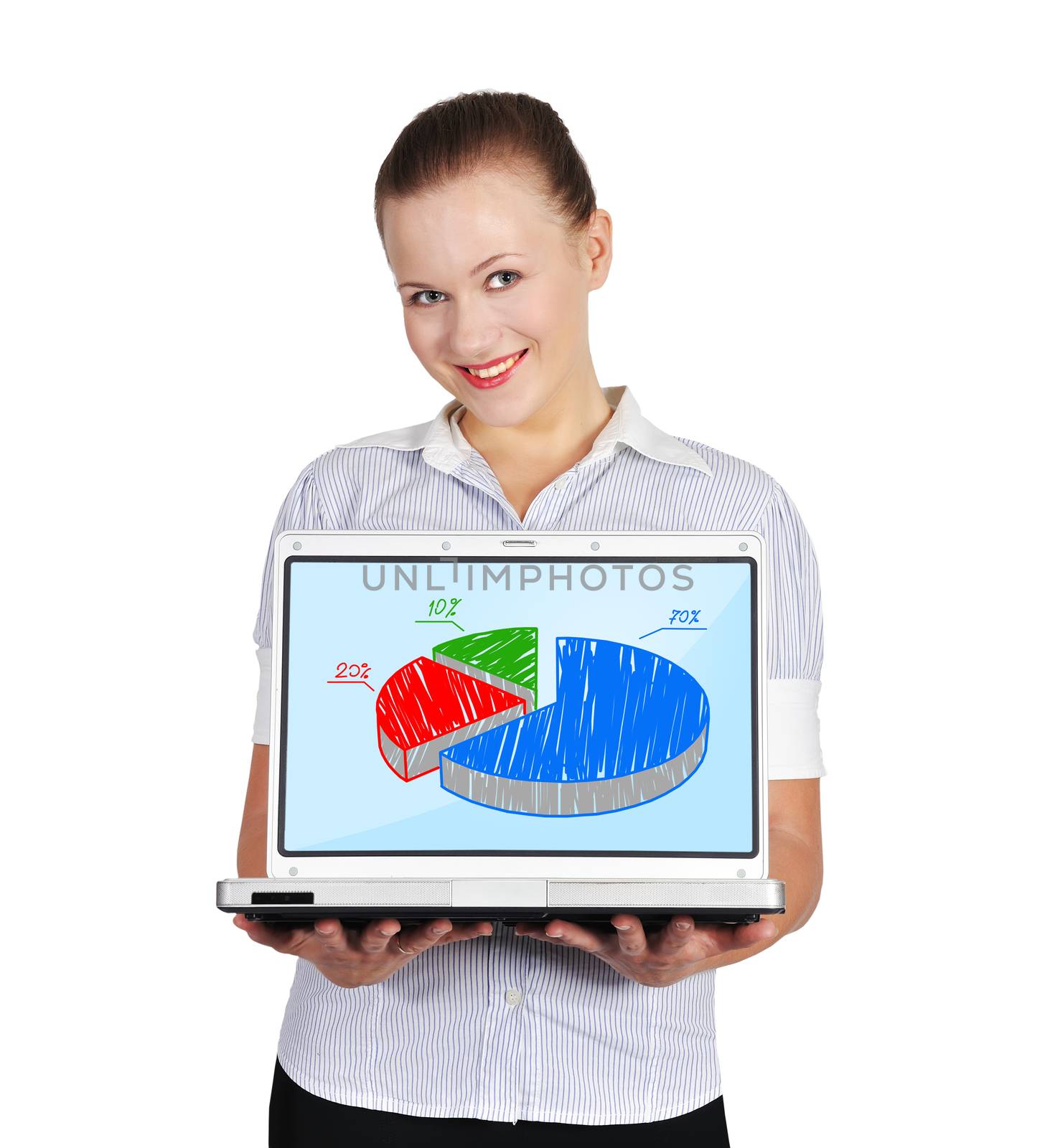 woman holding notebook with pie chart on a white background