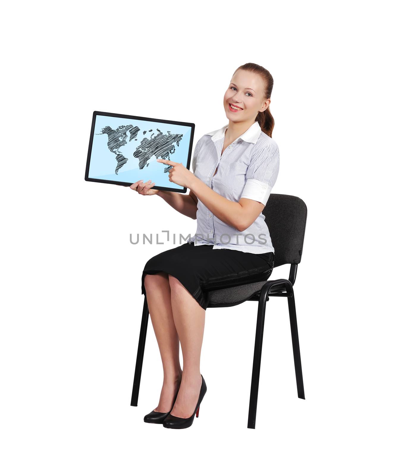 woman sitting on chair with touch pad with world map