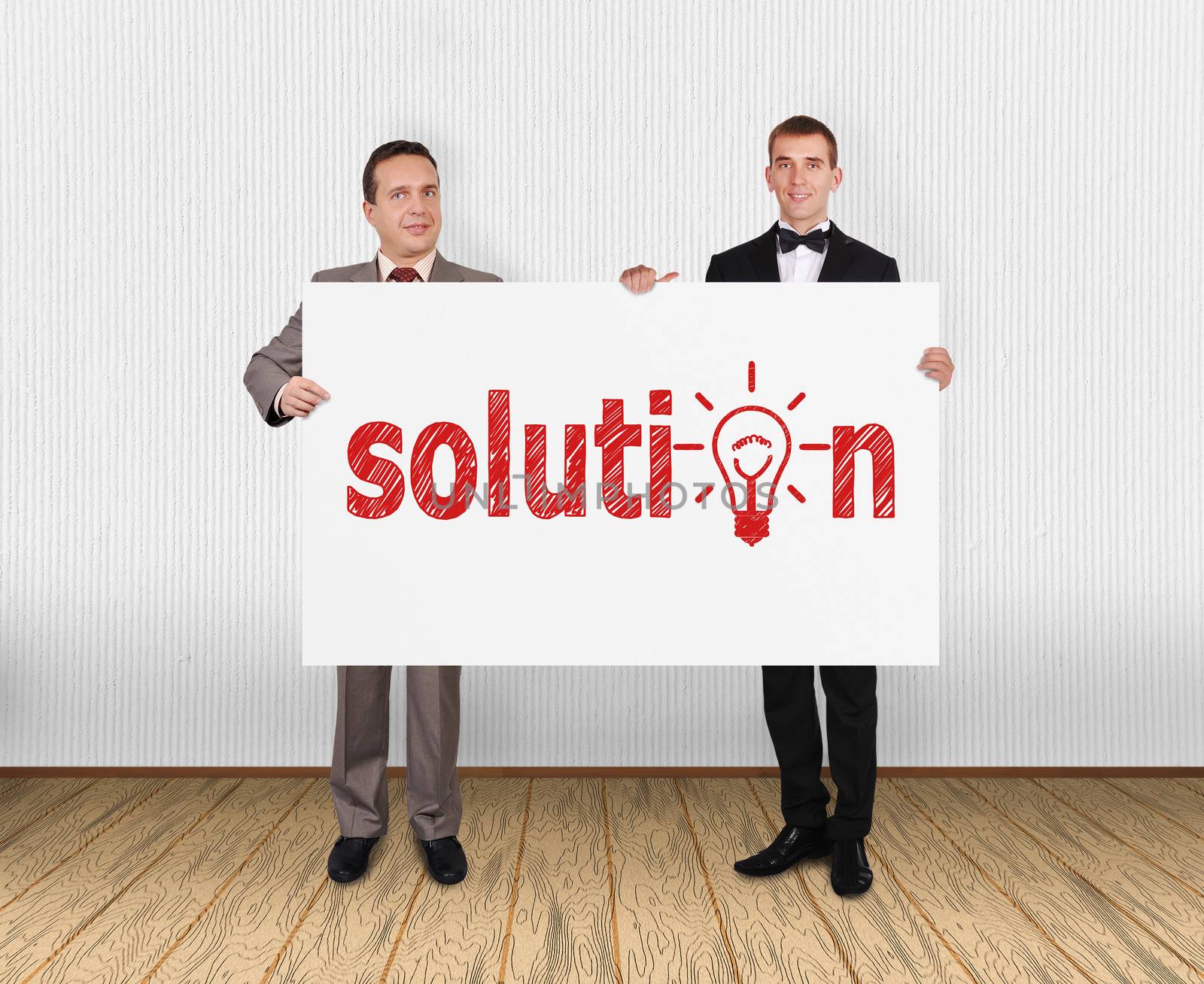 two businessman holding placard with solution