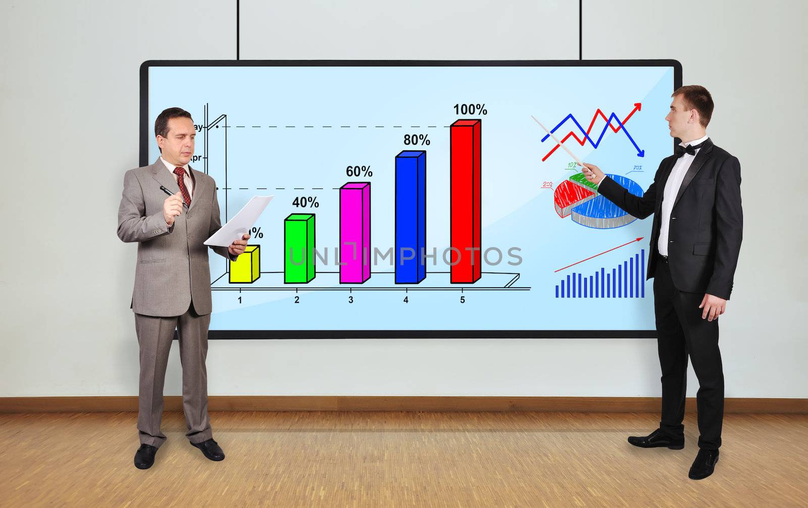 two businessman in office and charts on plasma panel