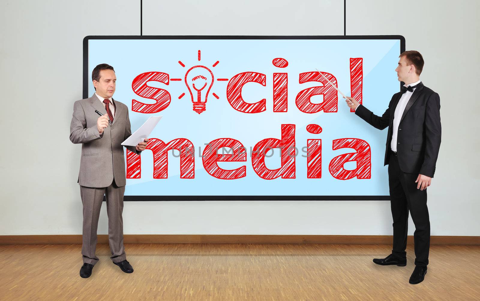 two businessman in office and social media on plasma panel