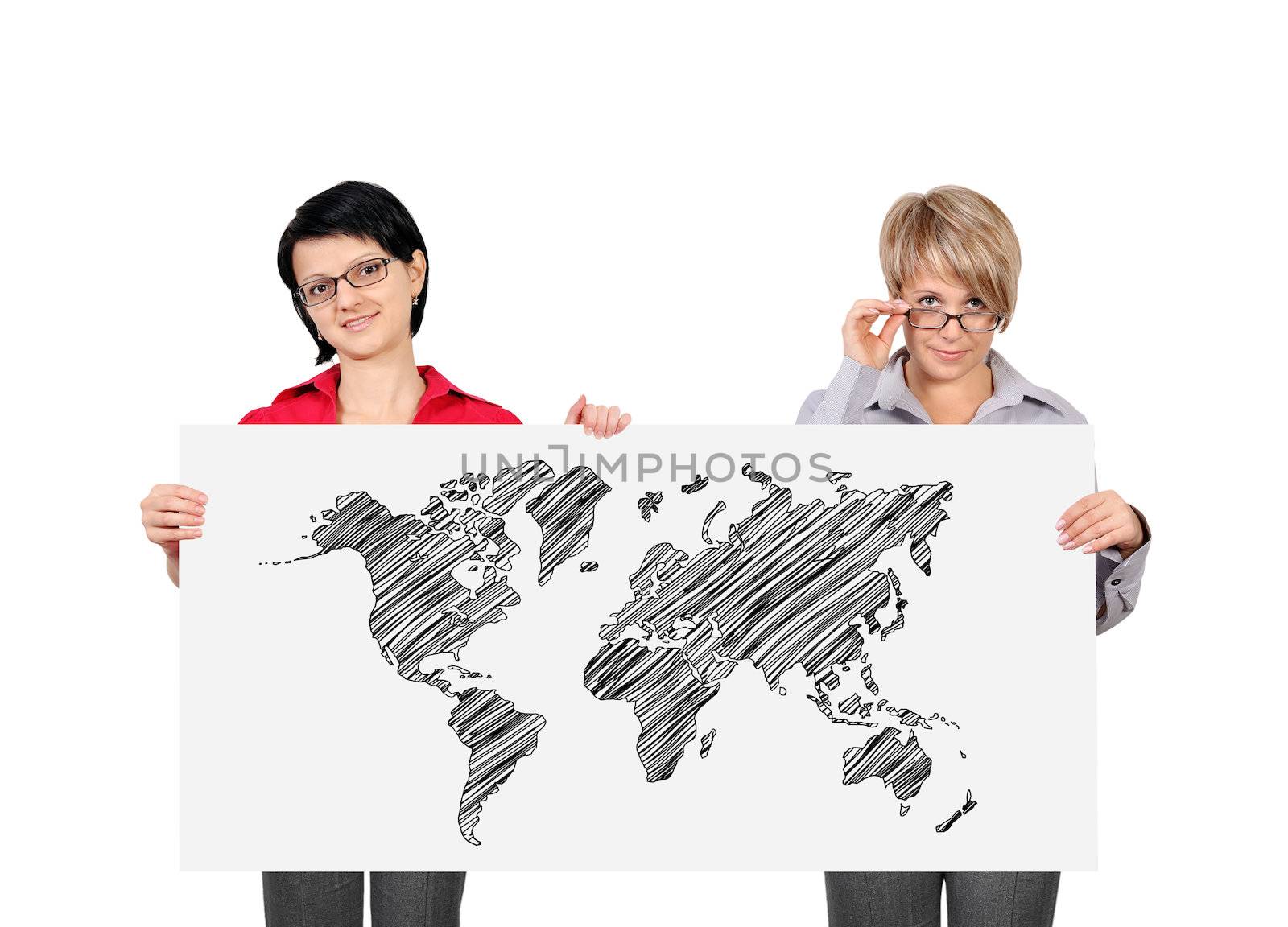 two woman holding placard with world map