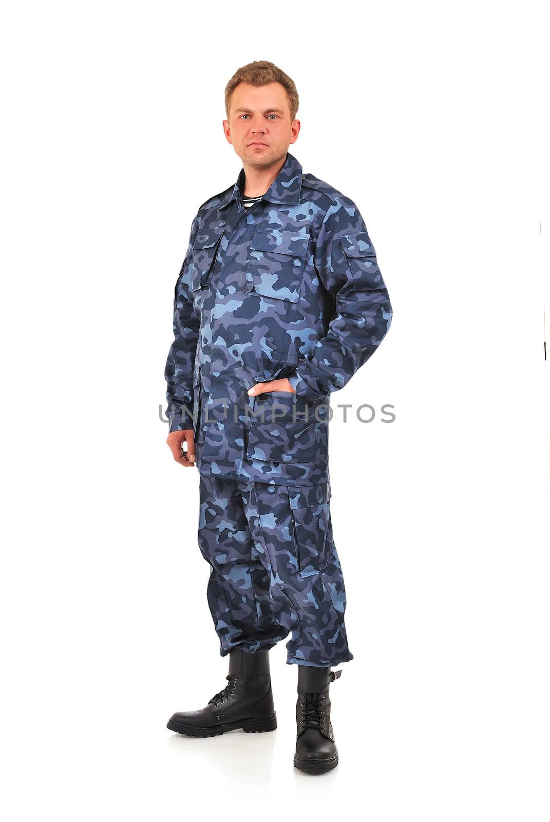 man in blue camouflage clothing on a white background