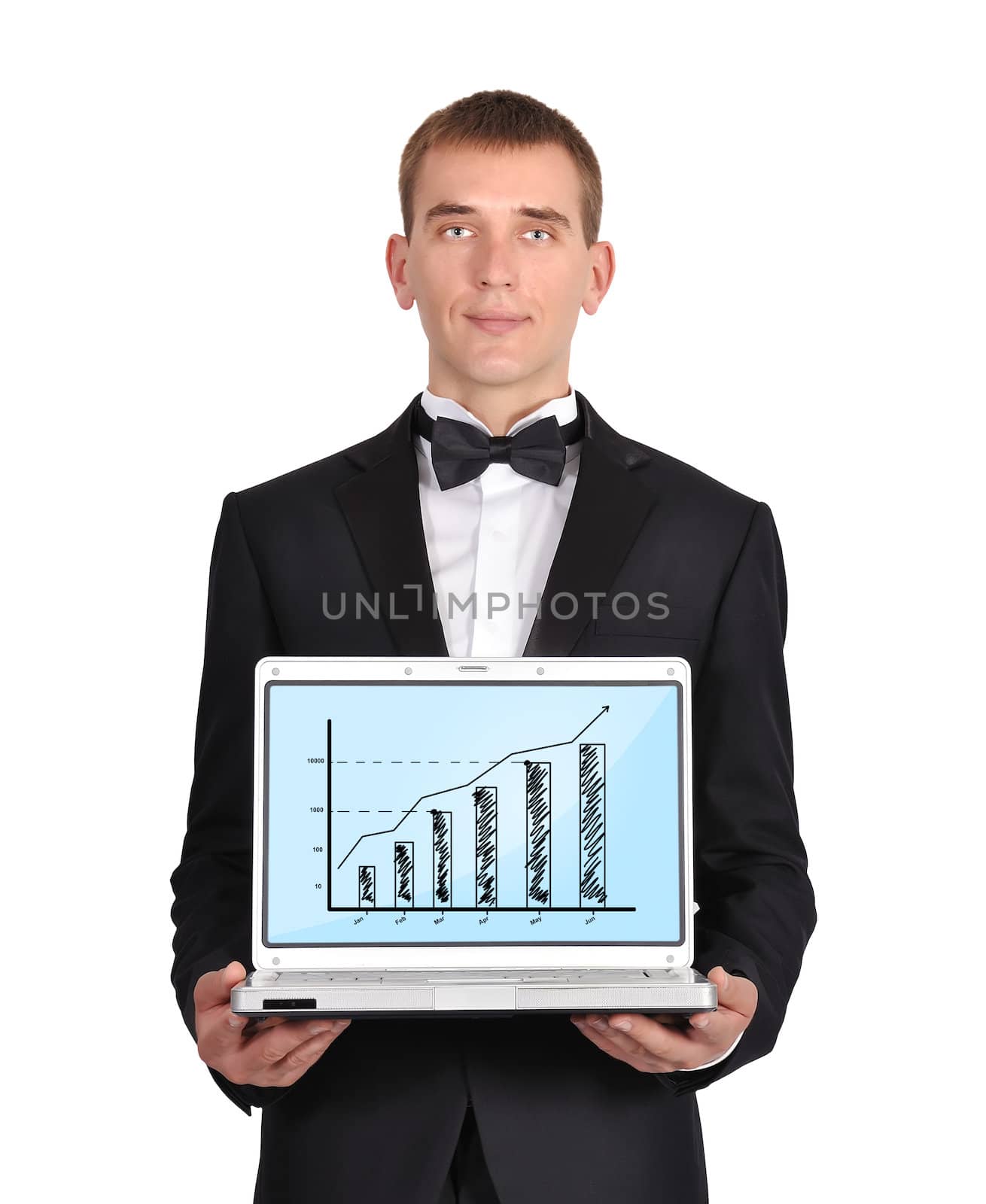 businessman in  tuxedo holding laptop wirth business chart