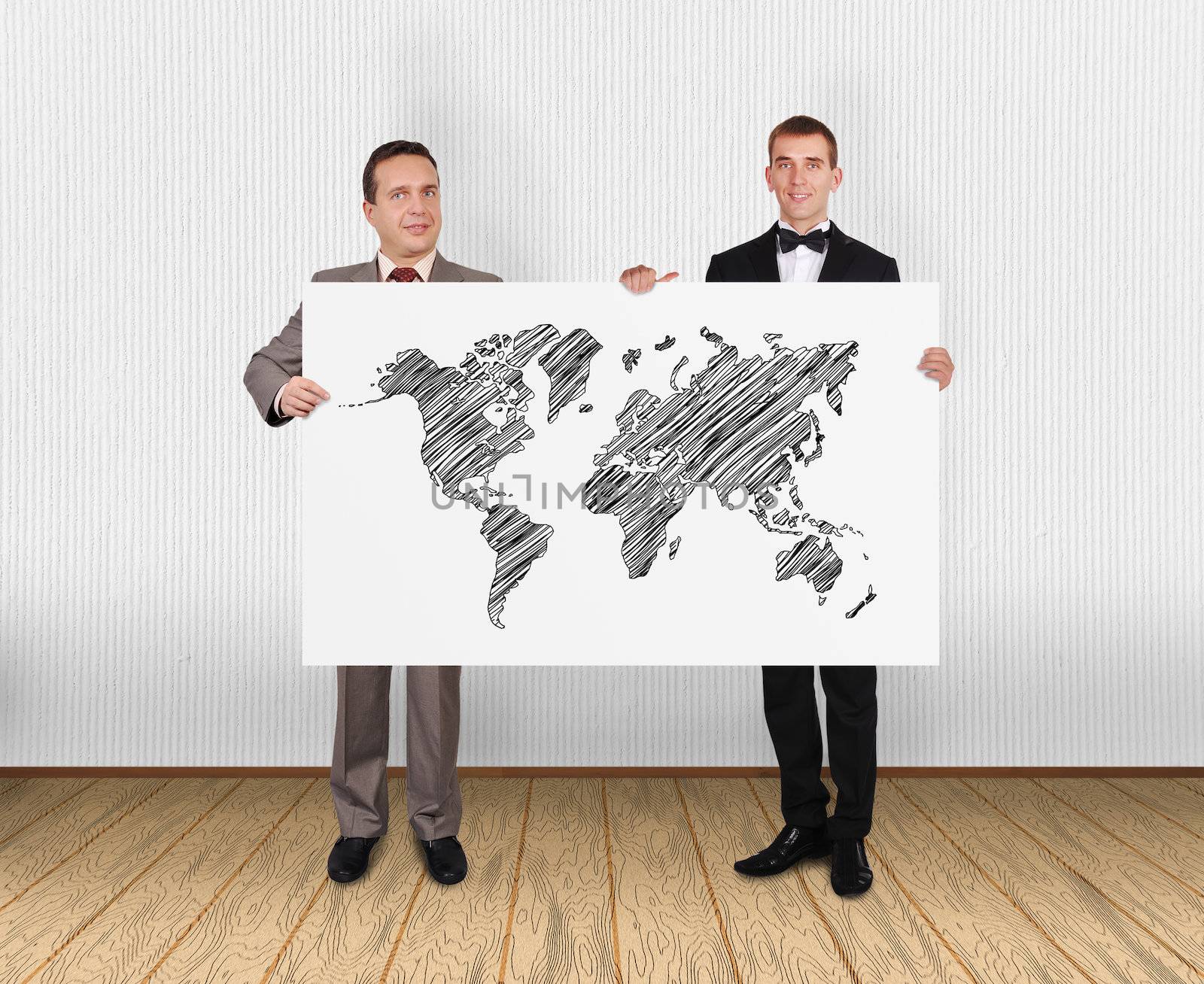 two businessman holding poster with world map