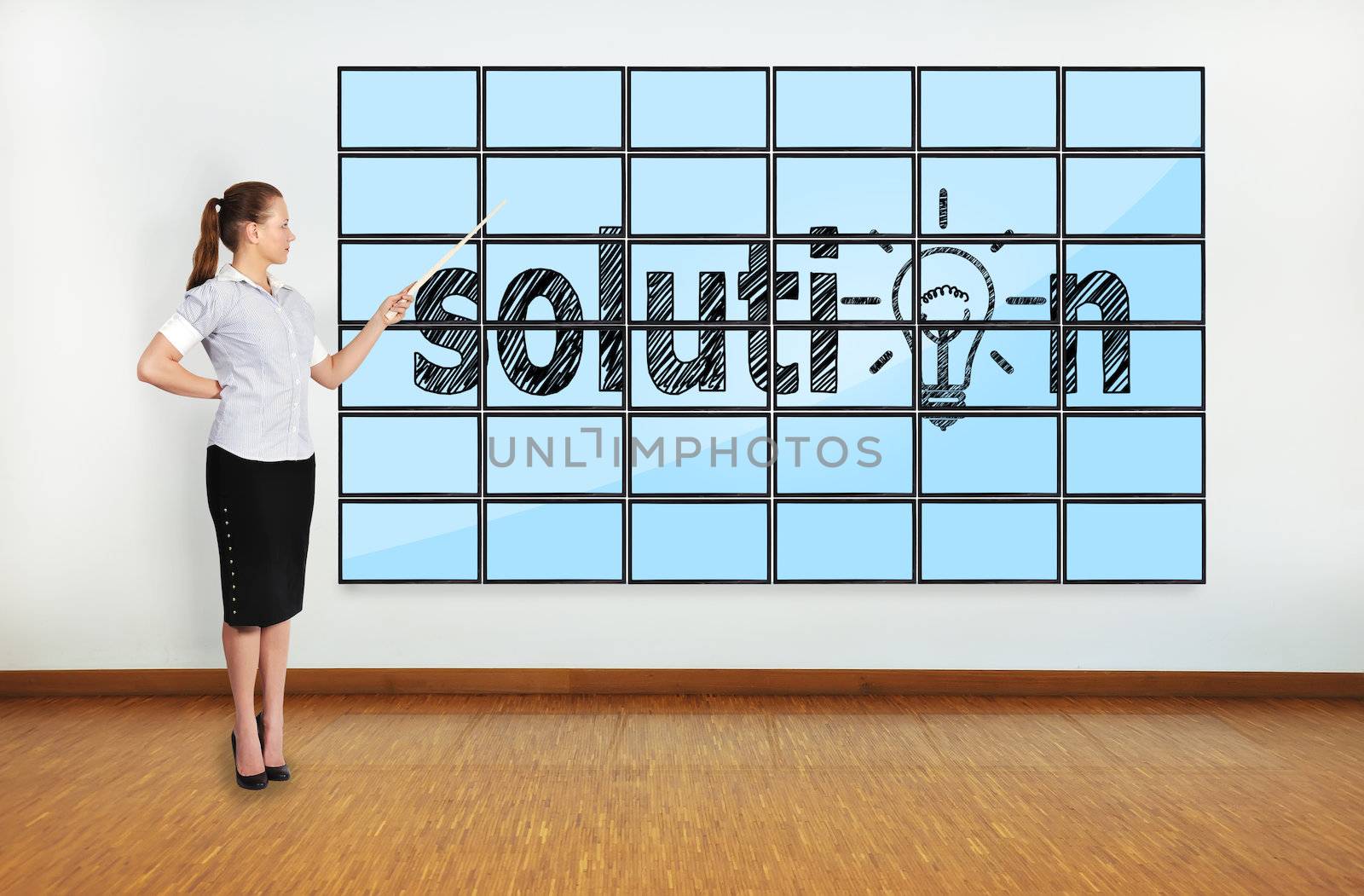 businesswoman in office pointing at solution on screen plasma