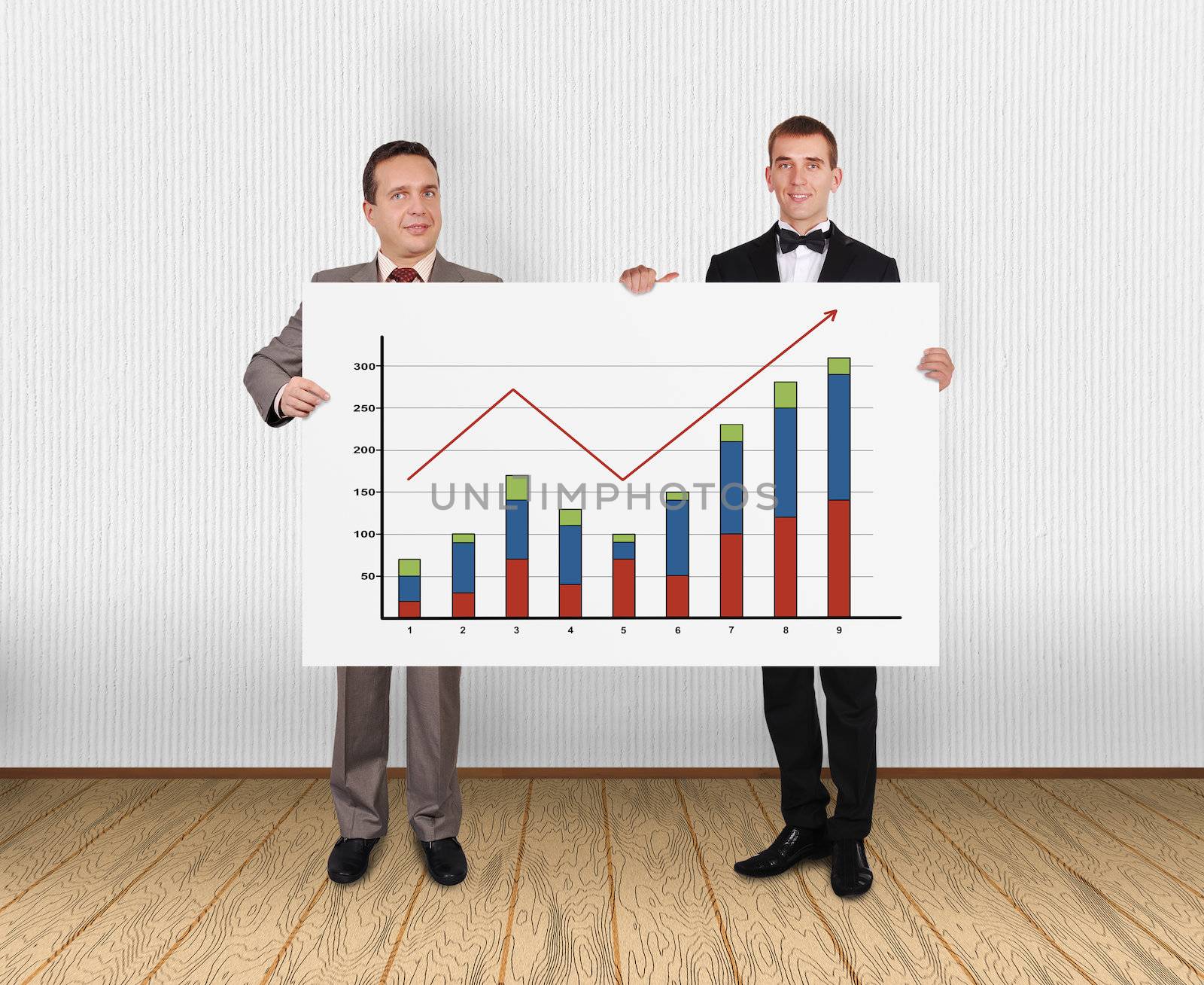 two businessman holding placard with chart in office