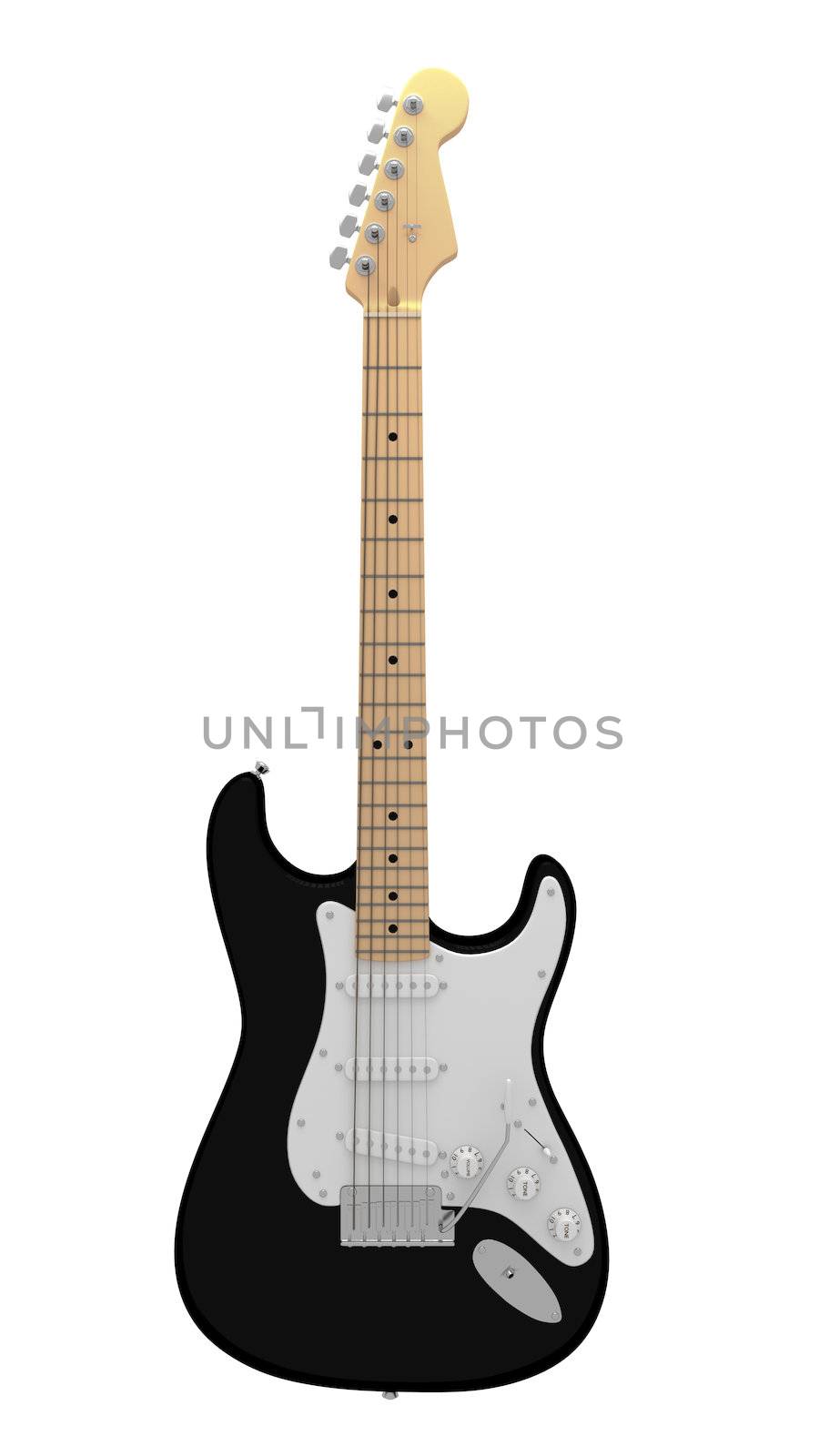 A CGI image of a black and white electric guitar on a white background.