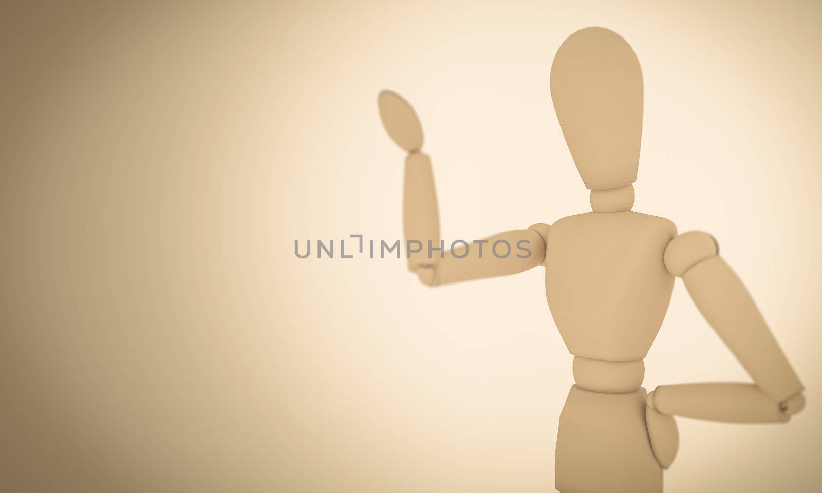 A CGI image of a wooden mannequin posing on a light brown background.