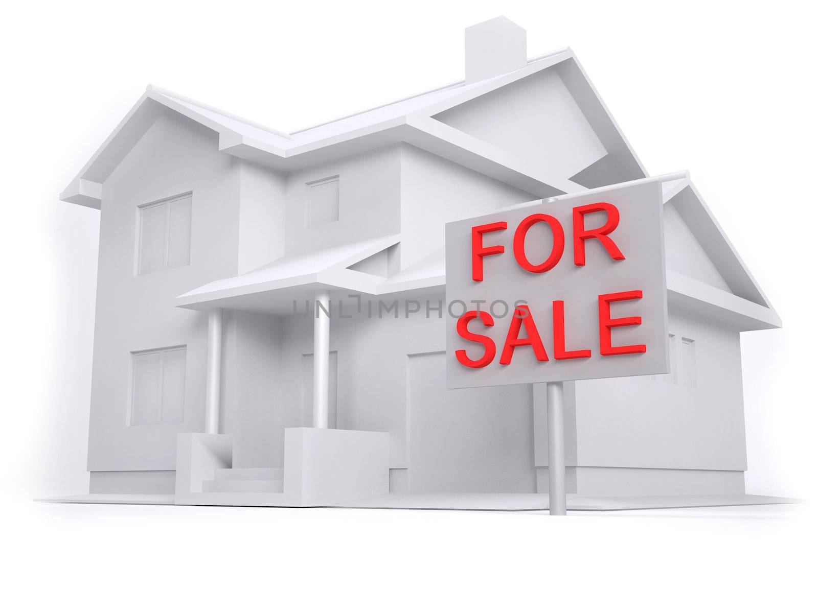 3d model of house for sale in grey scale and red text