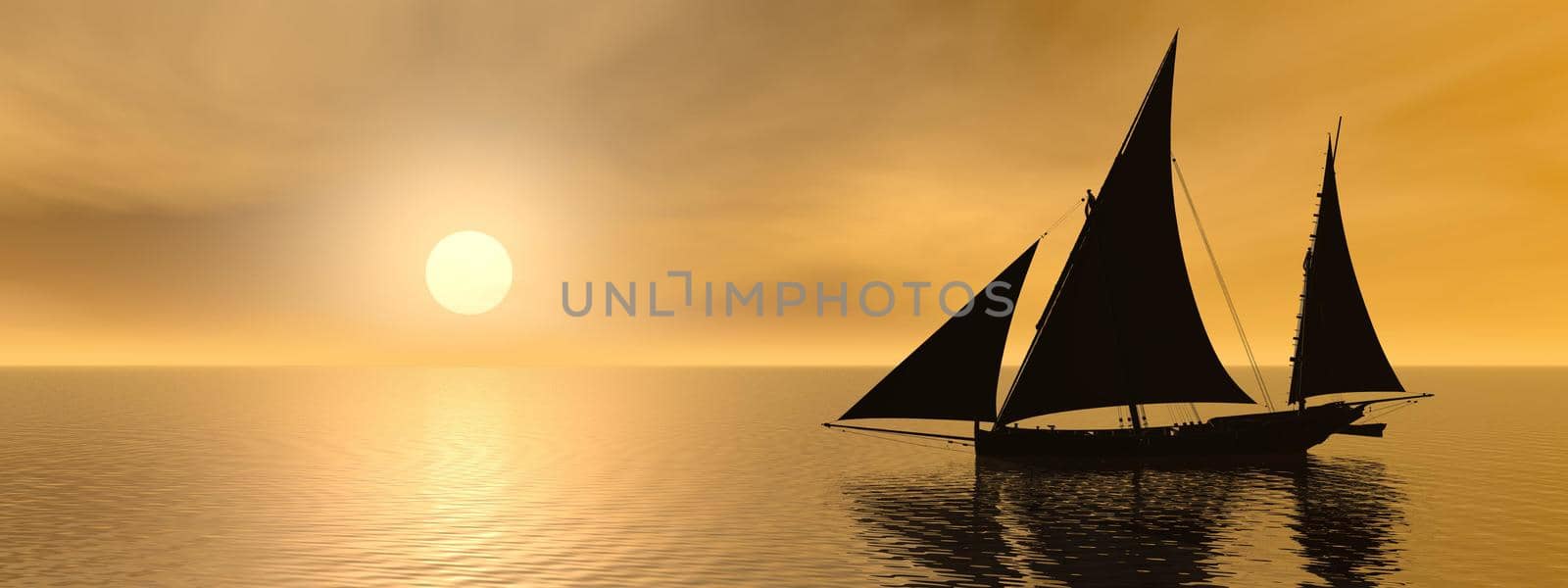 A boat with sails on the sea