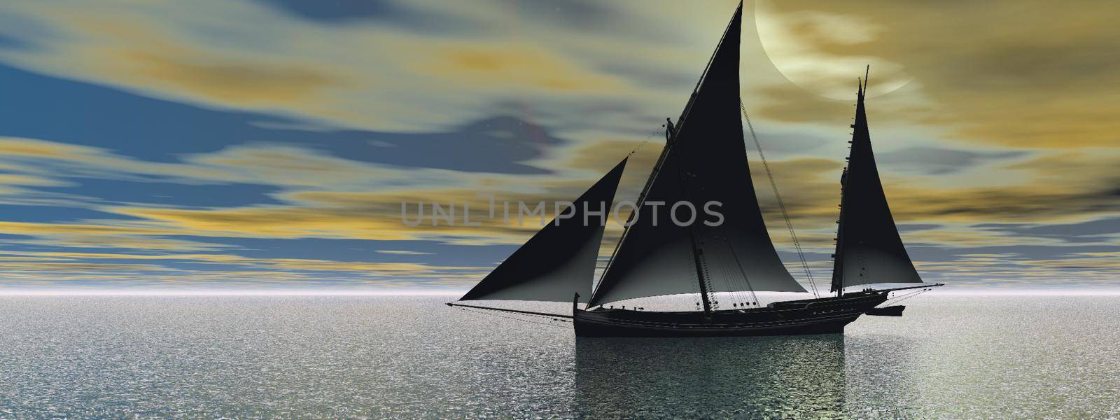 A boat with sails on the sea