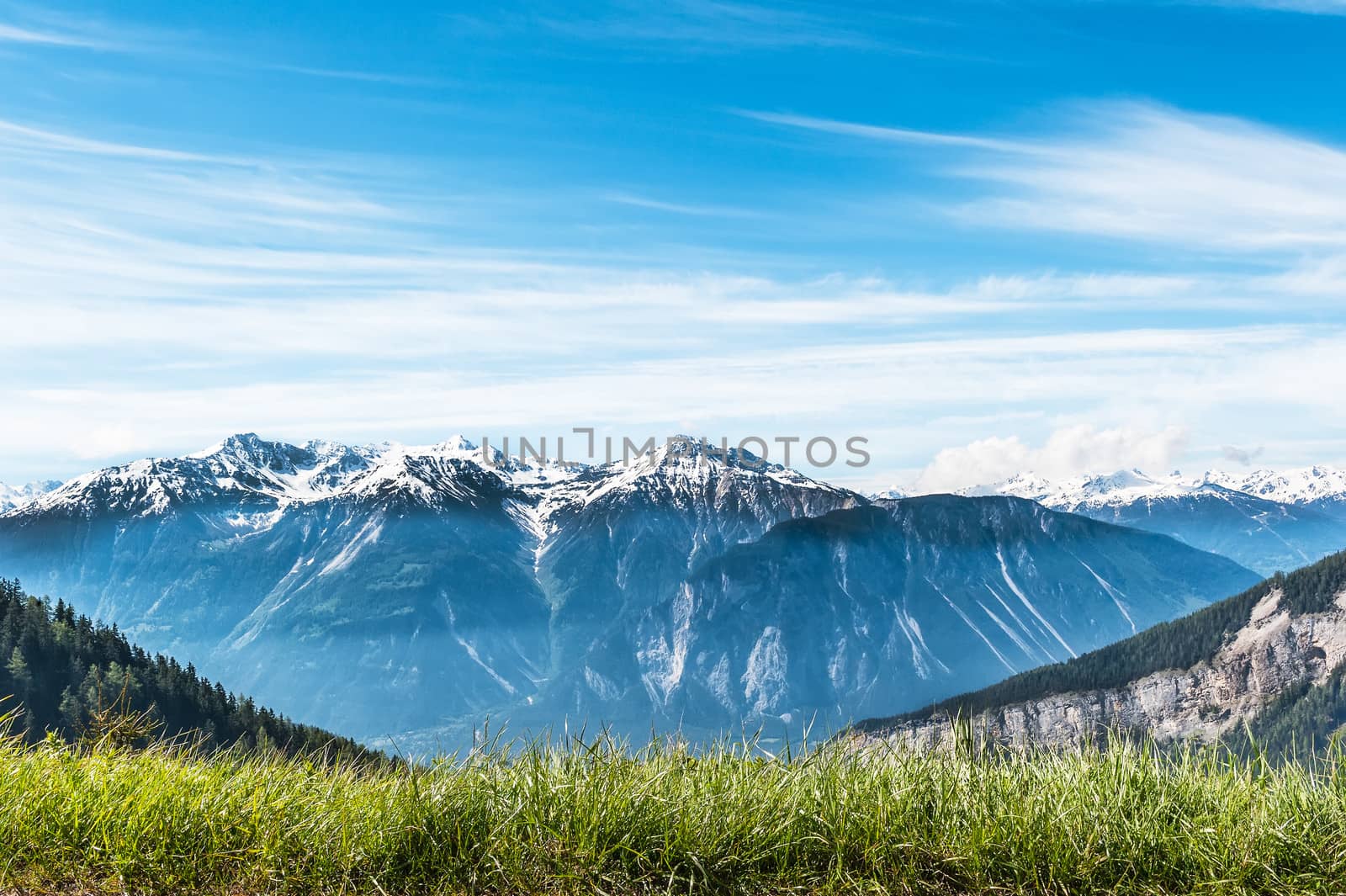 View of the Bernese Alps from the village Torrentalp, Switzerland