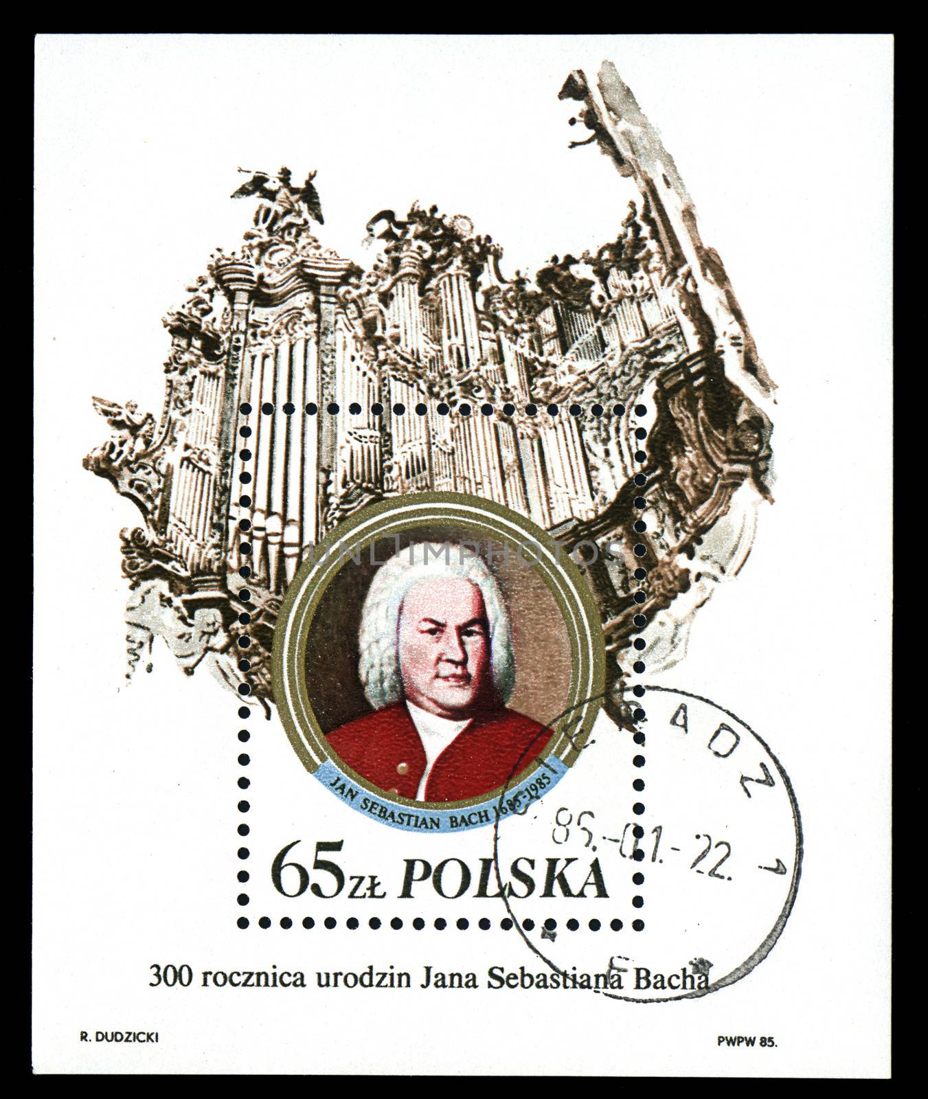 Poland - CIRCA 1985: A stamp printed in Poland, shows Johann Sebastian Bach and organ, circa 1985 by Zhukow