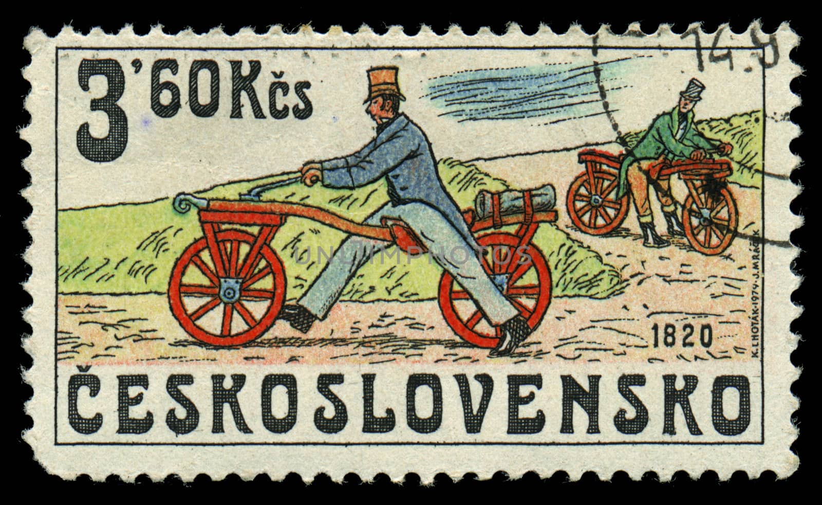 CZECHOSLOVAKIA - CIRCA 1986: stamp printed by CZECHOSLOVAKIA, shows the image of retro Bicycle, circa 1986 by Zhukow
