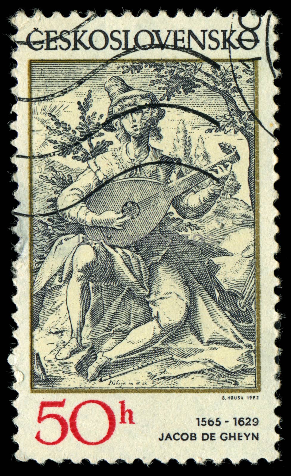 CZECHOSLOVAKIA - CIRCA 1982: A stamp printed in Czechoslovakia, shows the lute player, by Jacob de Gheyn (1565-1629), series, circa 1982