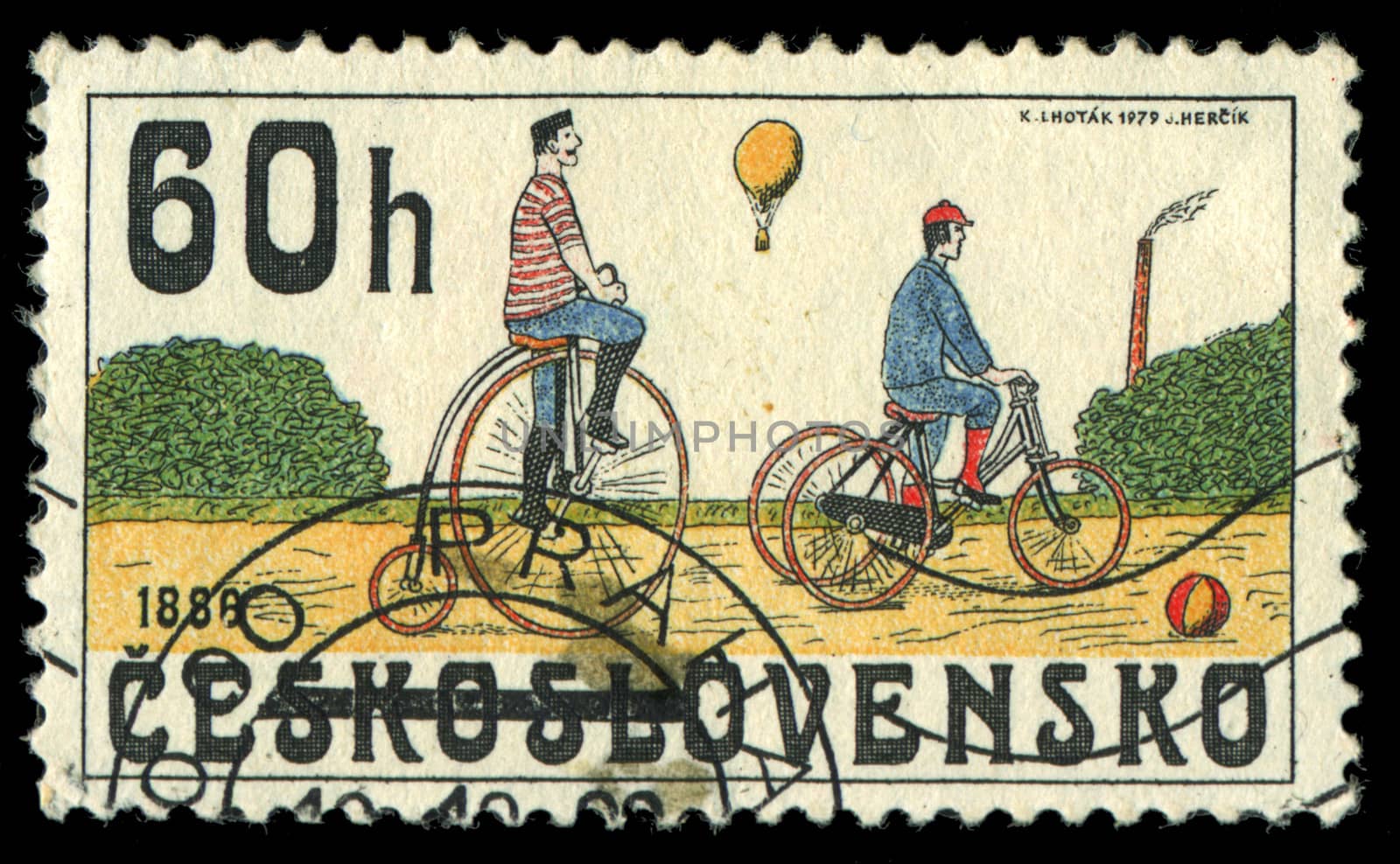 CZECHOSLOVAKIA - CIRCA 1986: stamp printed by CZECHOSLOVAKIA, shows the image of retro Bicycle, circa 1986 by Zhukow