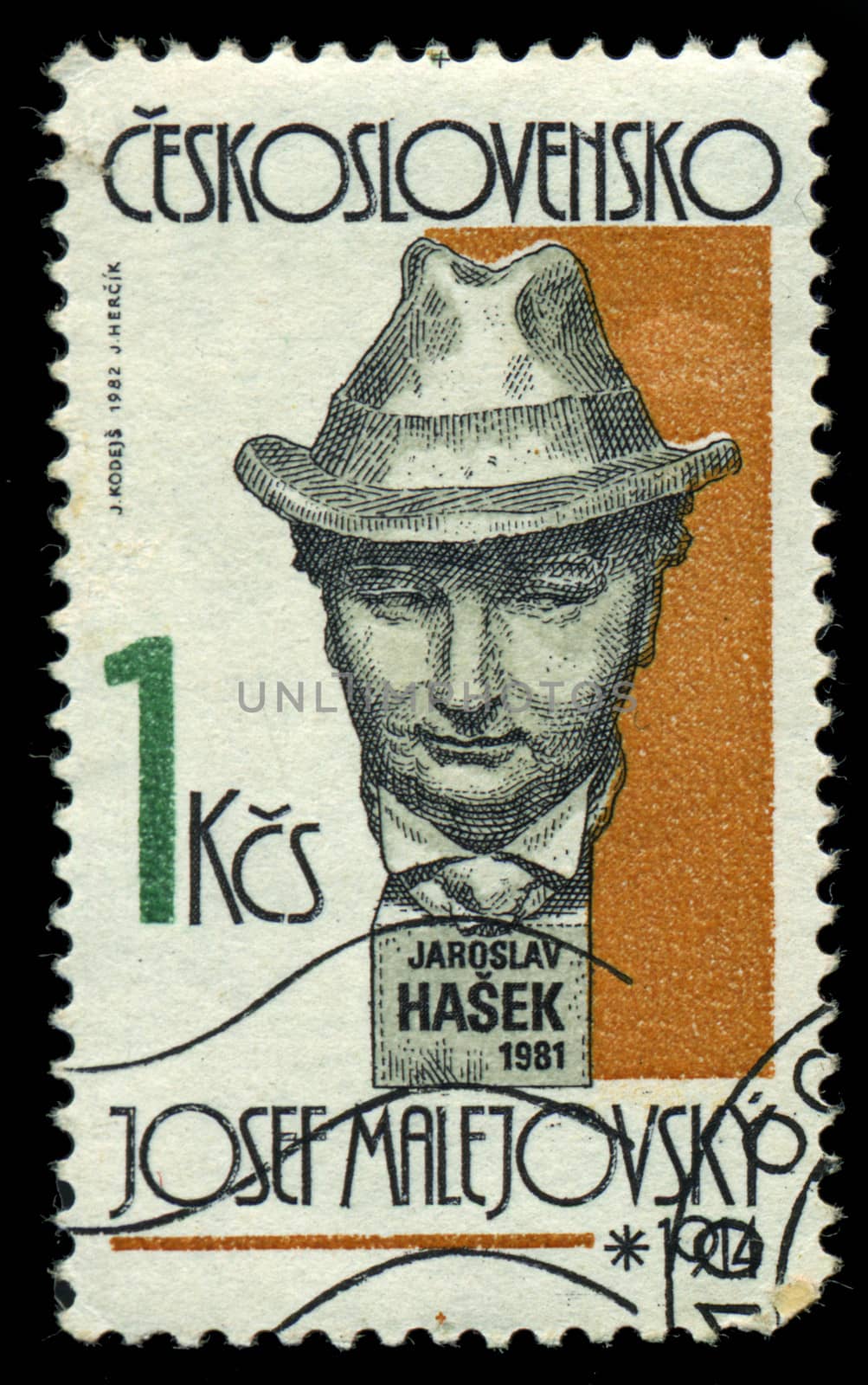 CZECHOSLOVAKIA - CIRCA 1982: A stamp printed in Czechoslovakia, shows sculpture portrait of Jaroslav Hasek by sculptor Josef Malejovsky, circa 1982