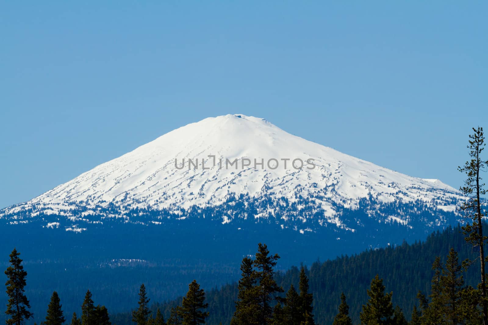 Mount Bachelor in Oregon is photographed from a distance to create this nature scenic landscape of the snow-capped mountain.