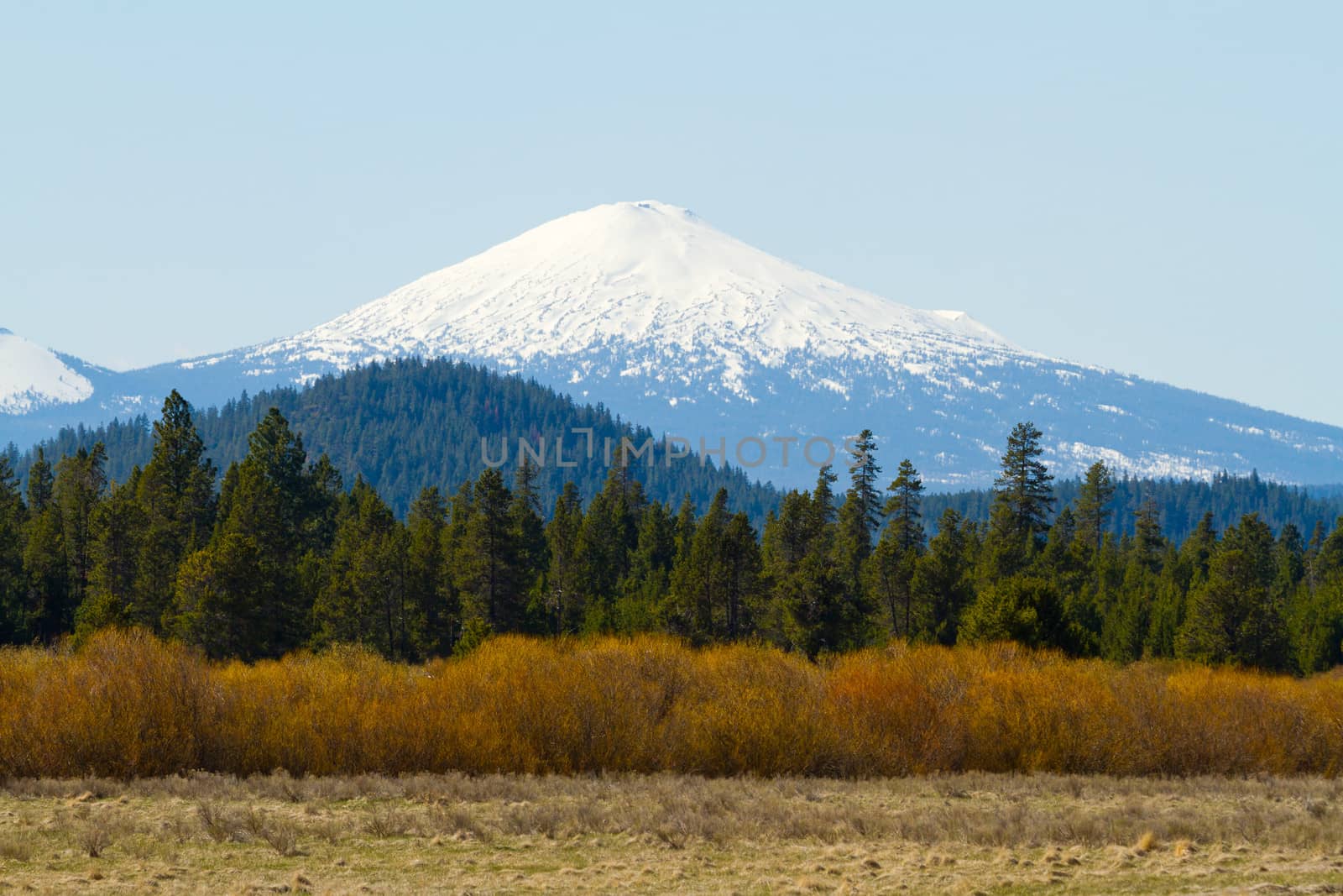 Mount Bachelor in Oregon is photographed from a distance to create this nature scenic landscape of the snow-capped mountain.