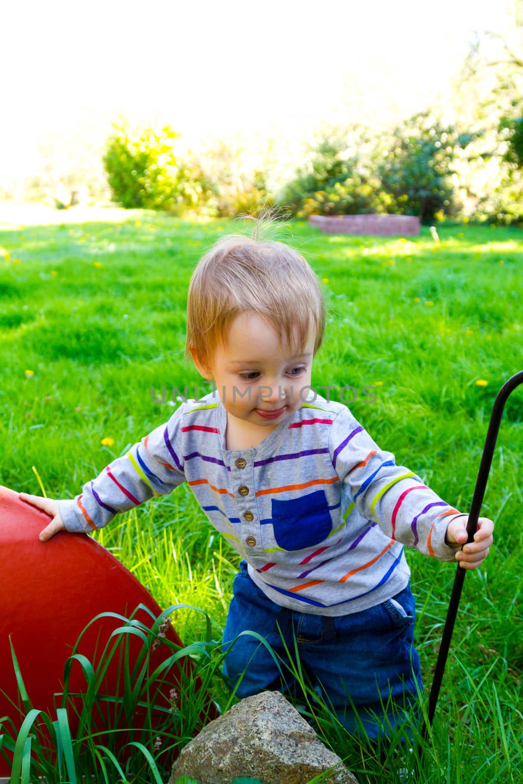 A very curious one year old toddler boy explores his backyard and plays with interesting things among the grass and plants.