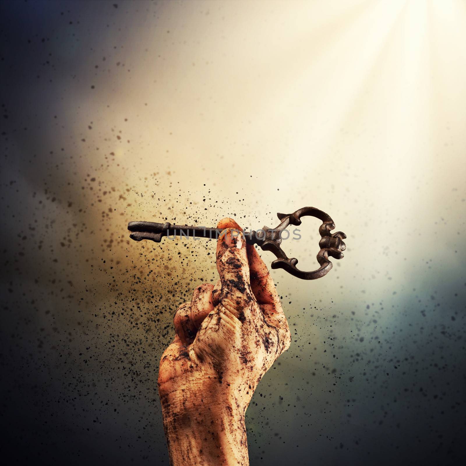 Key in human hand. Struggle and success