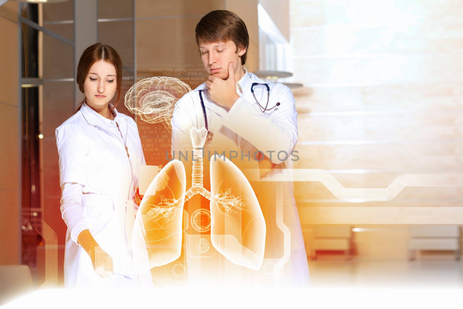 Image of two young doctors examining virtual image of lungs