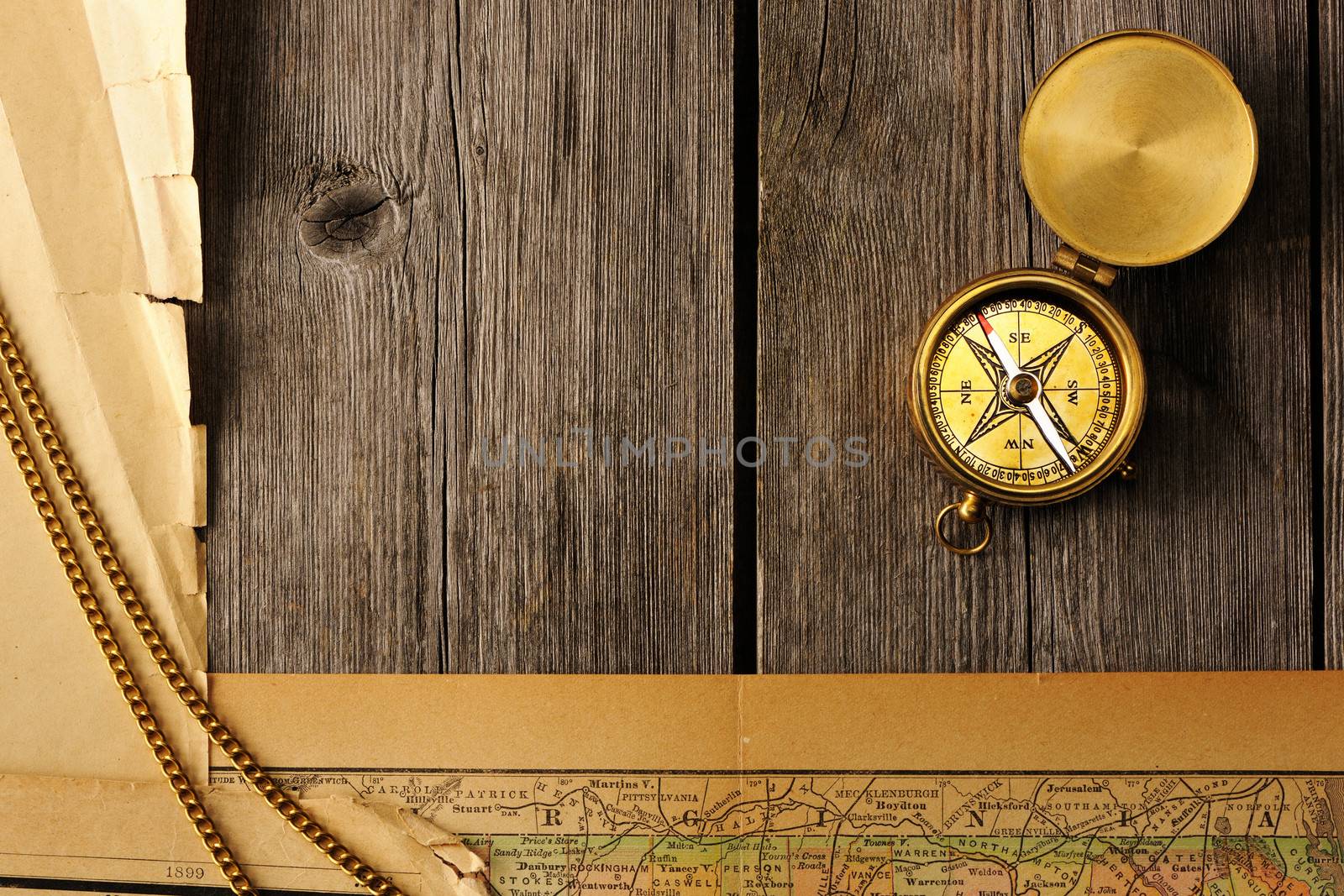 Antique brass compass over old map