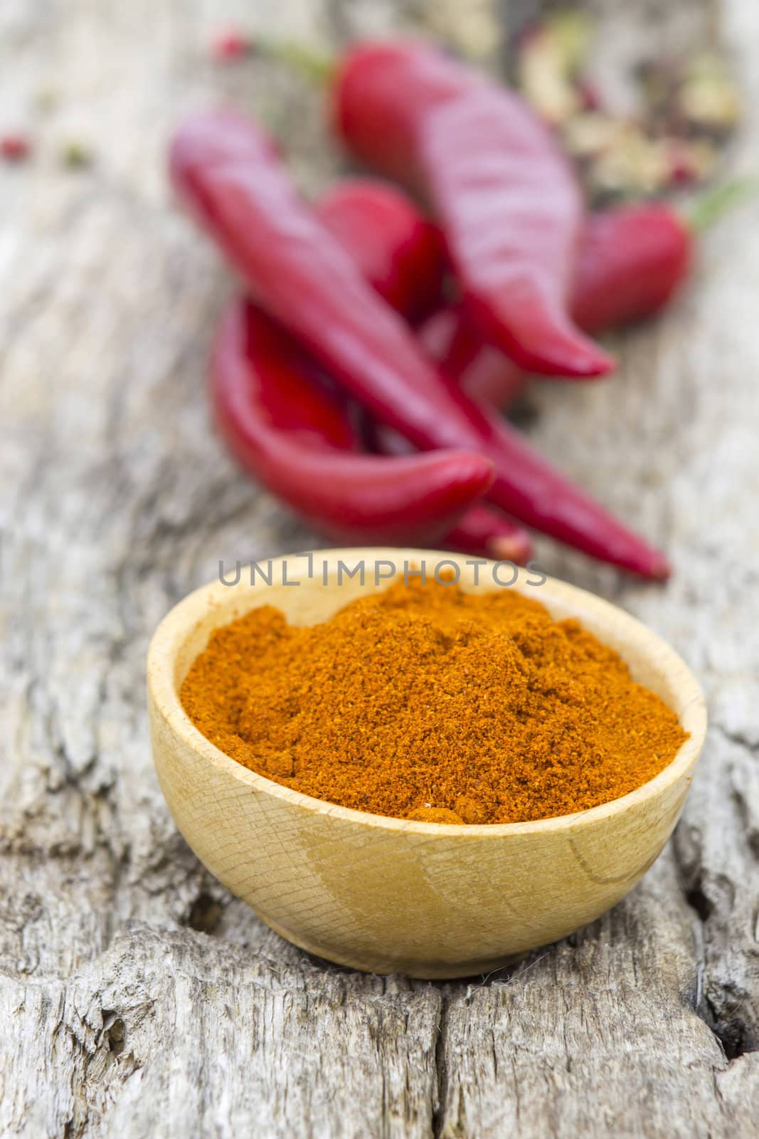 red chili powder with red chilies by miradrozdowski