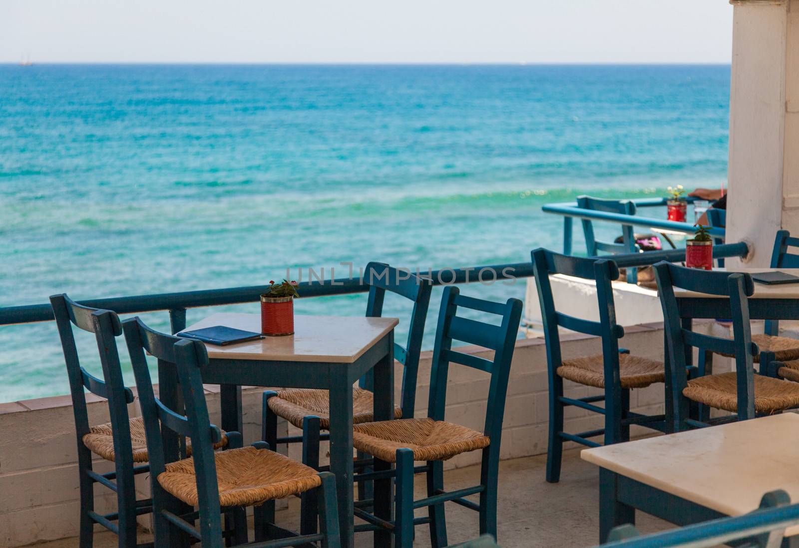 Outdoors cafe, sea view, Crete, Greece 