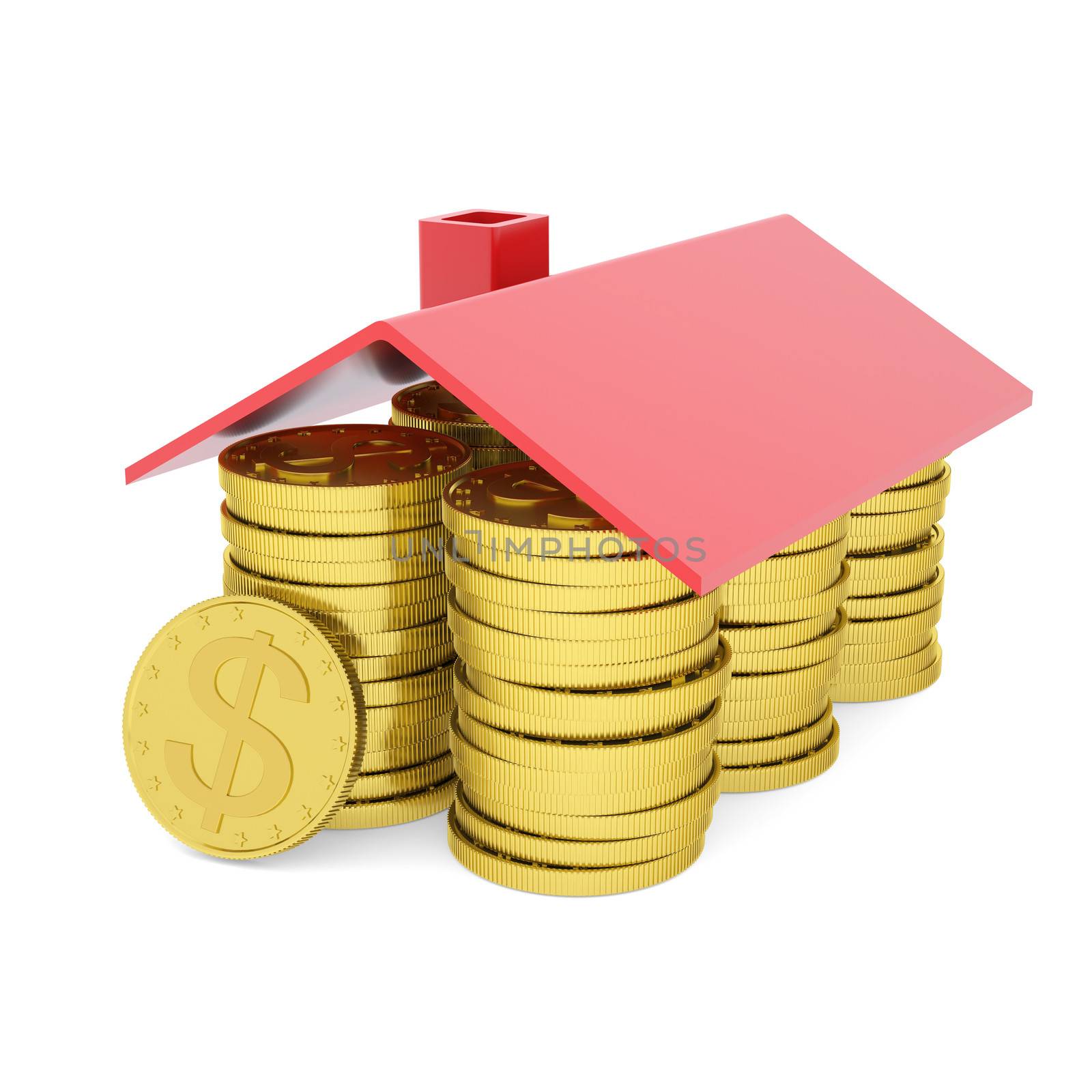 House of gold coins. Isolated render on a white background