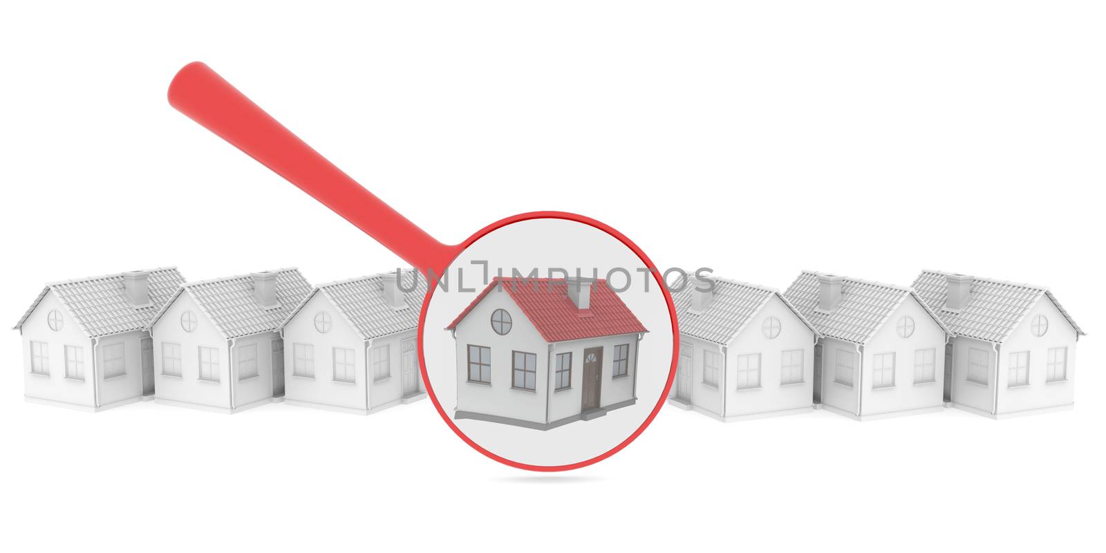Choosing home. Several houses and a magnifying glass. Isolated render on a white background