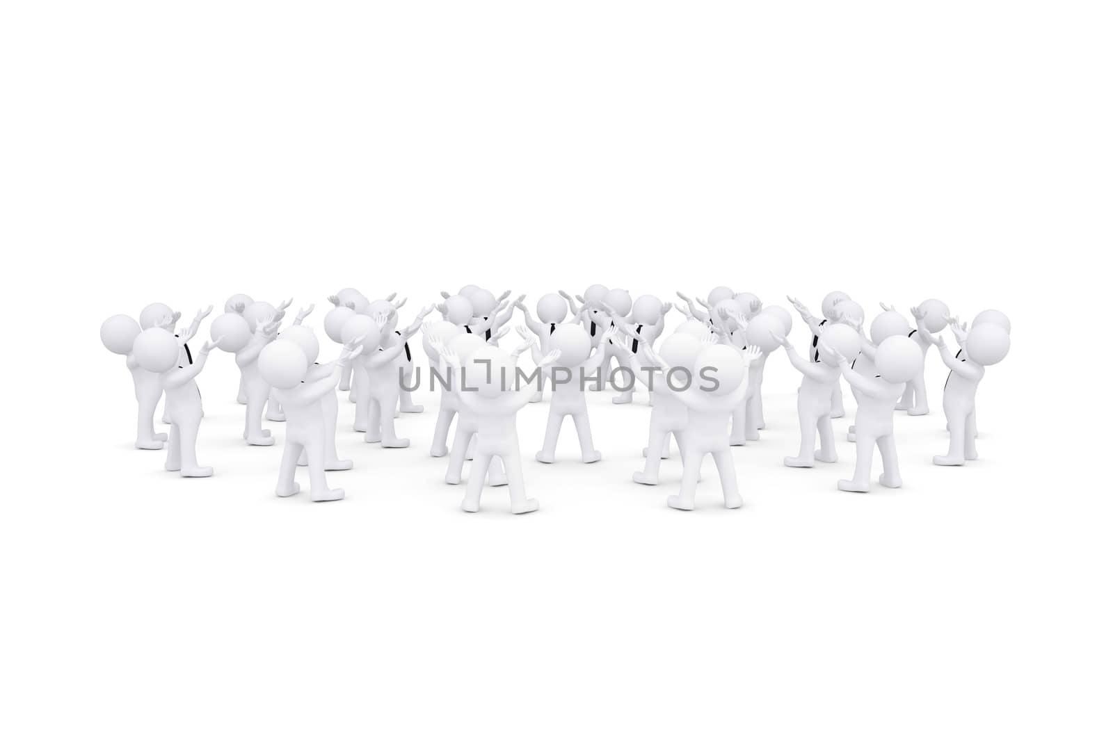 Group of white people raised their hands. 3d render isolated on white background