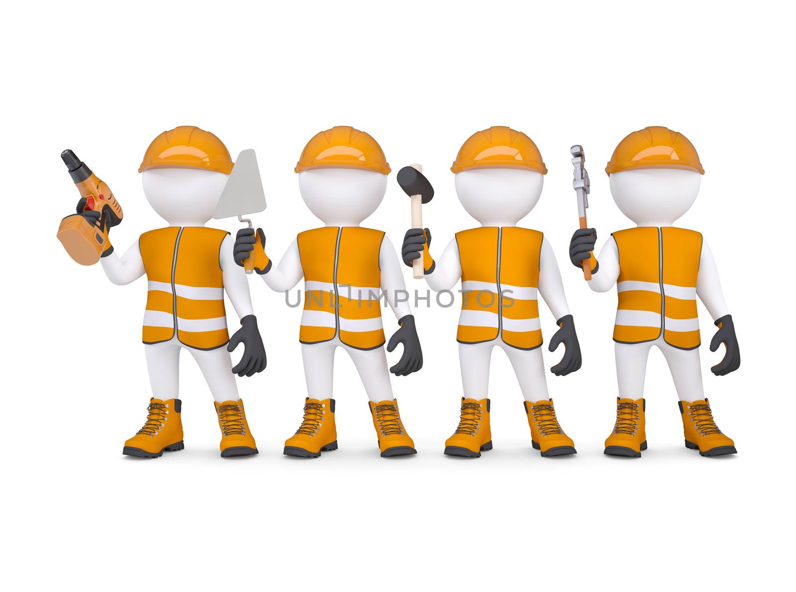Four 3d white mans in overalls with a tools. Isolated render on a white background