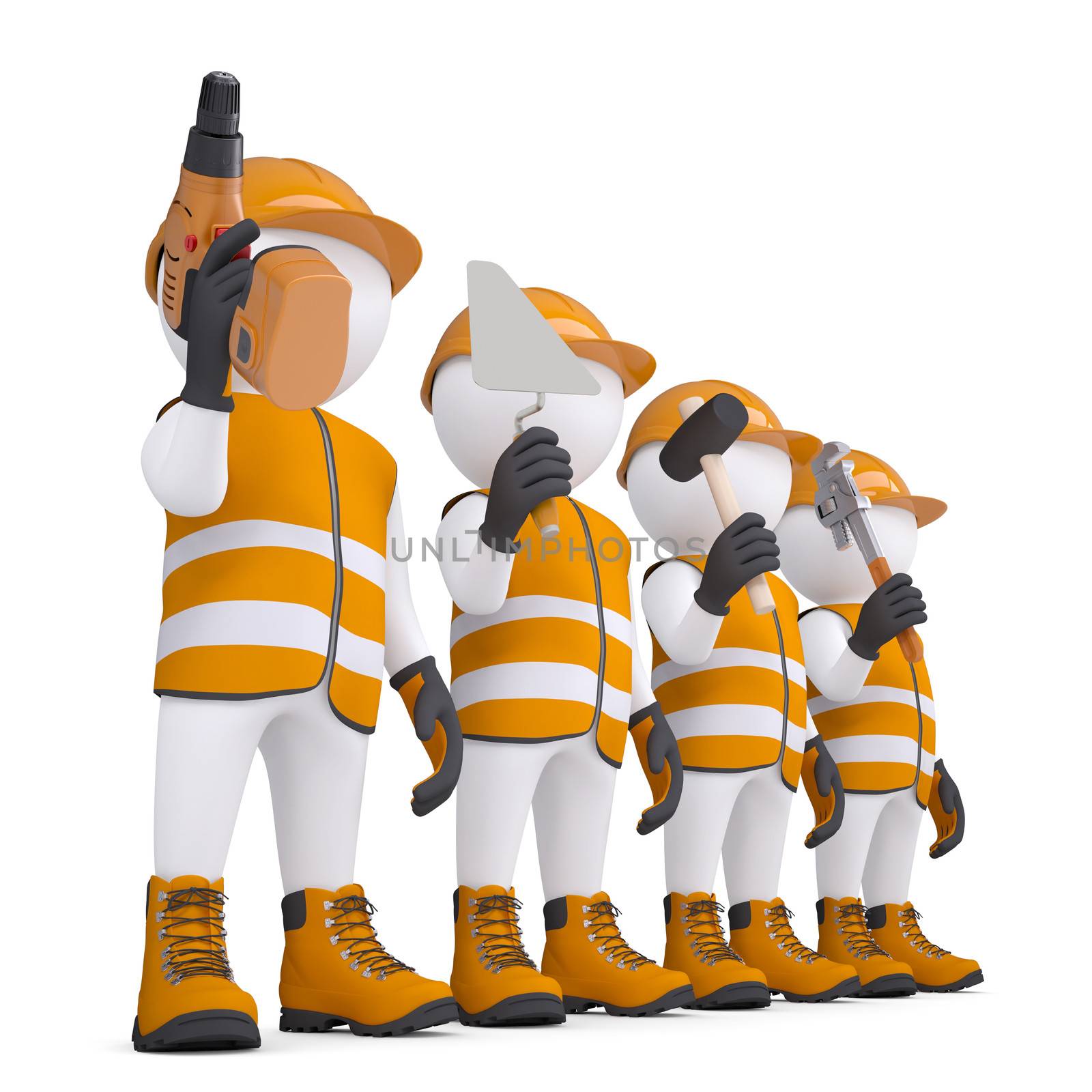 Four 3d white mans in overalls with a tools by cherezoff