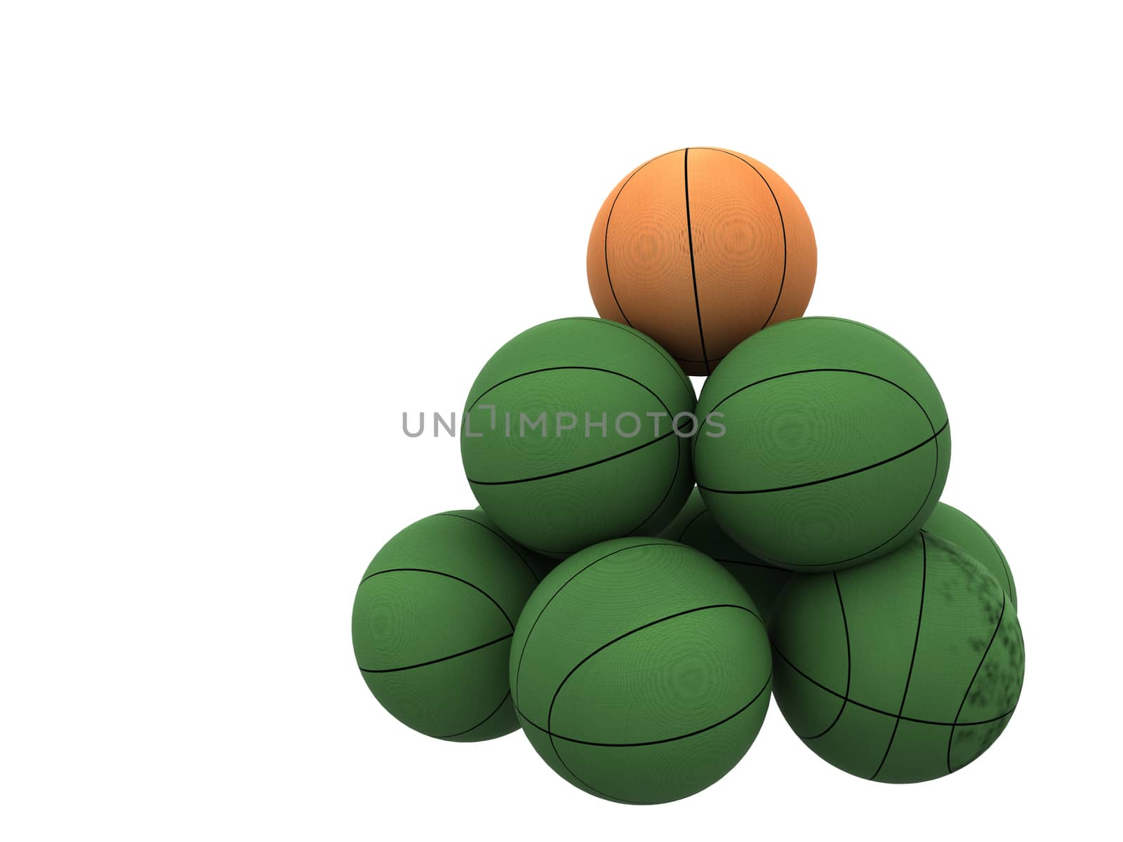 orange ball unique in green basket balls