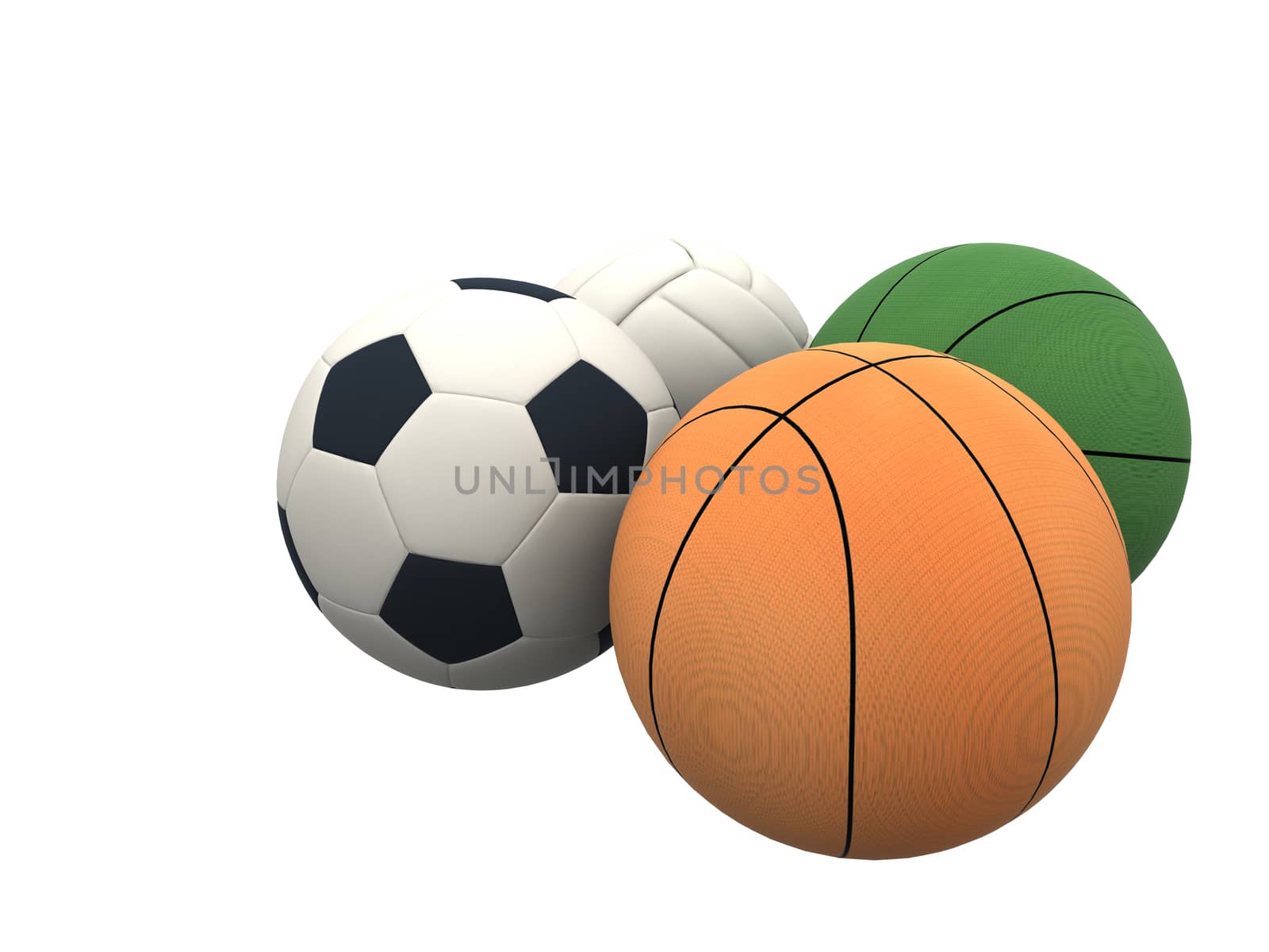 four different sports balls in 3d