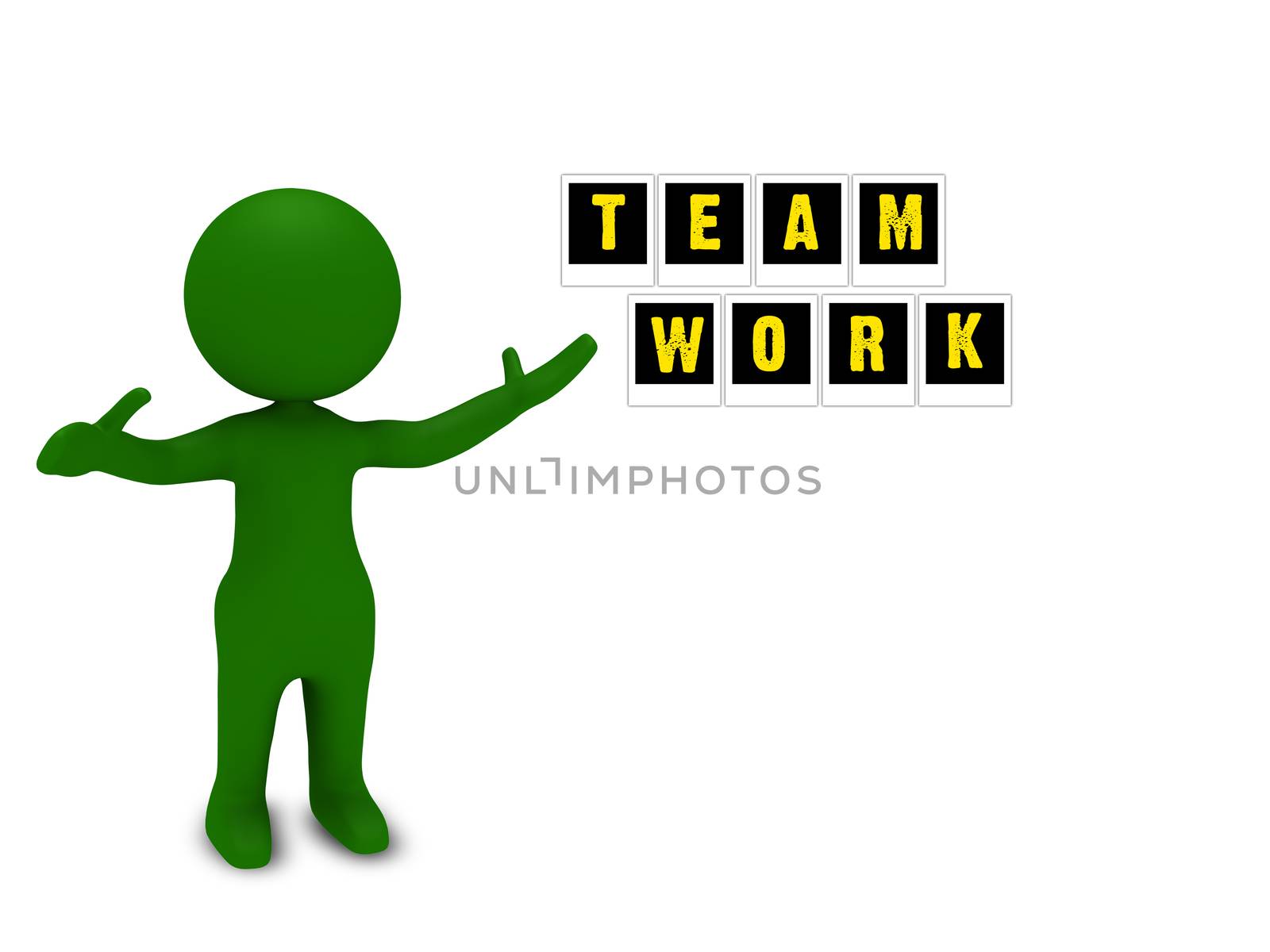 3d green character with teamwork text