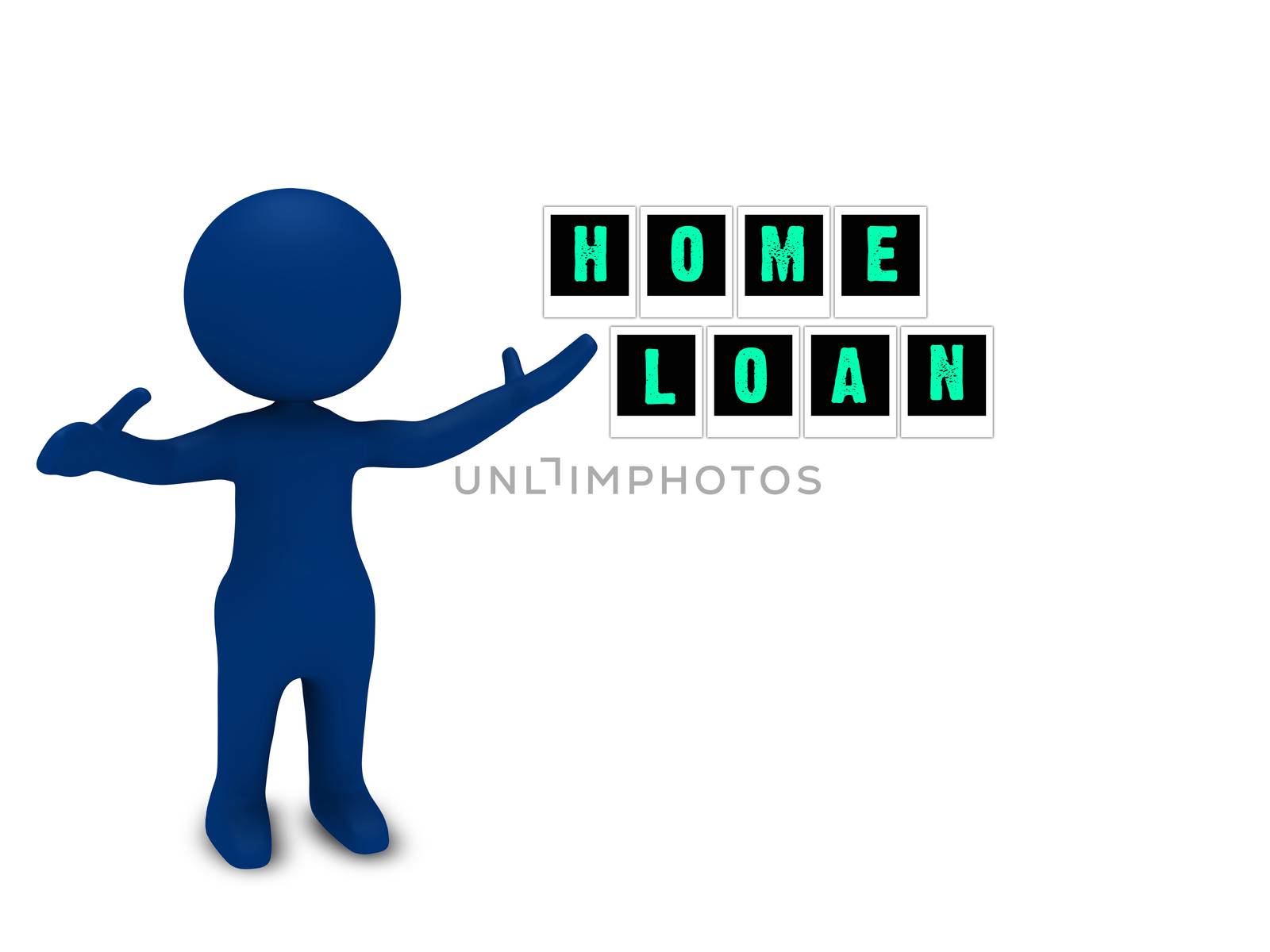 3d blue character showing home loan frames on isolated background