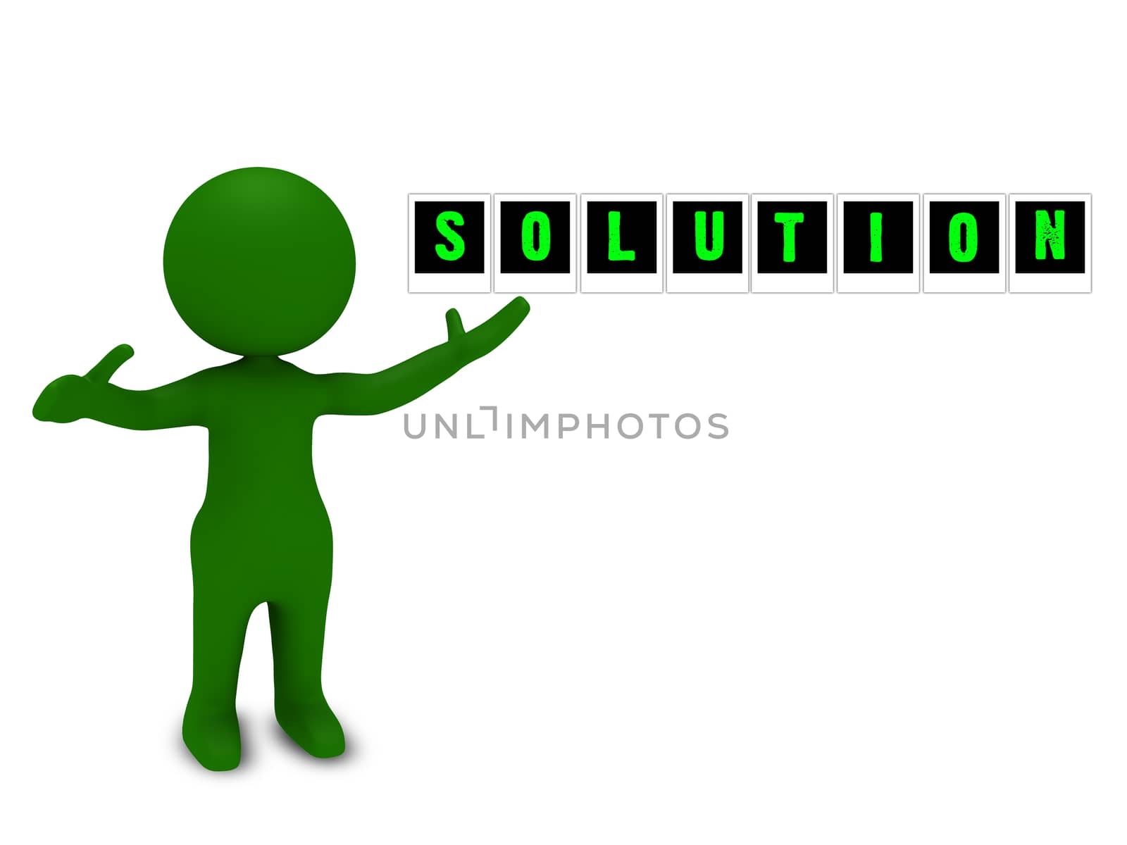 3d green character showing solution