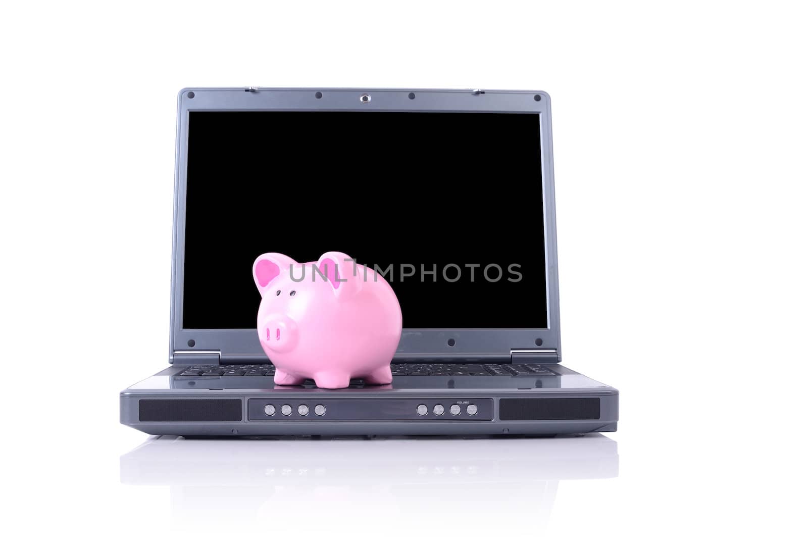 concept of online savings, piggy bank and laptop isolated on white with shadow reflection